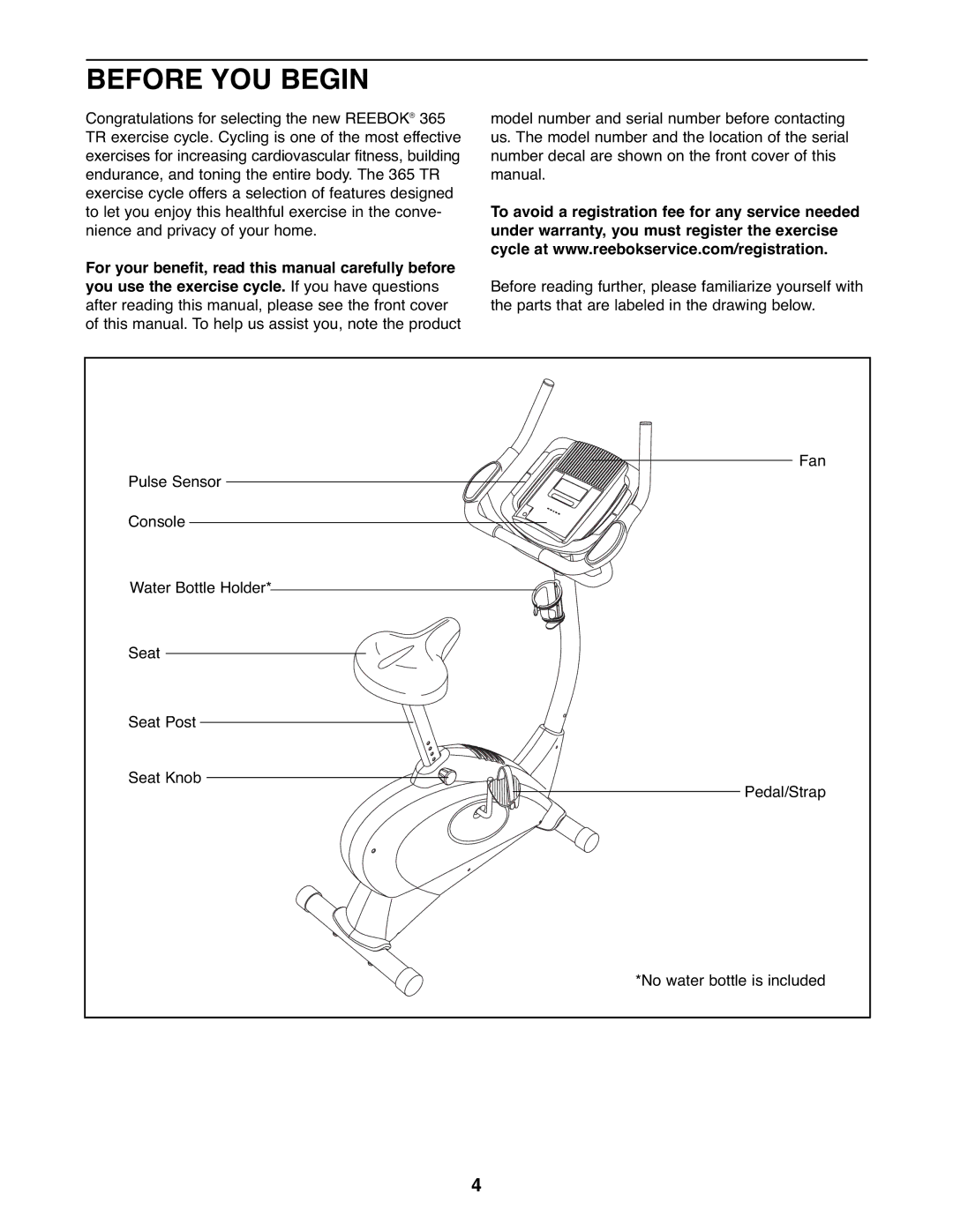 Reebok Fitness RBEX71507.0 manual Before YOU Begin 