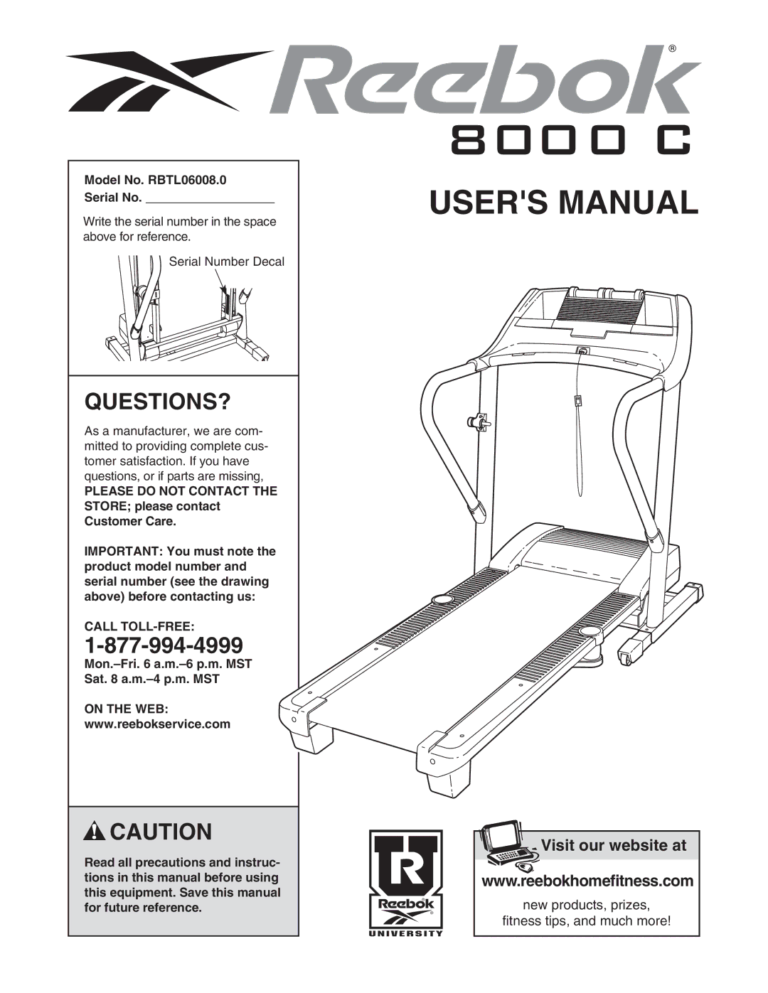 Reebok Fitness manual Questions?, Model No. RBTL06008.0 Serial No, Call TOLL-FREE, On the WEB 