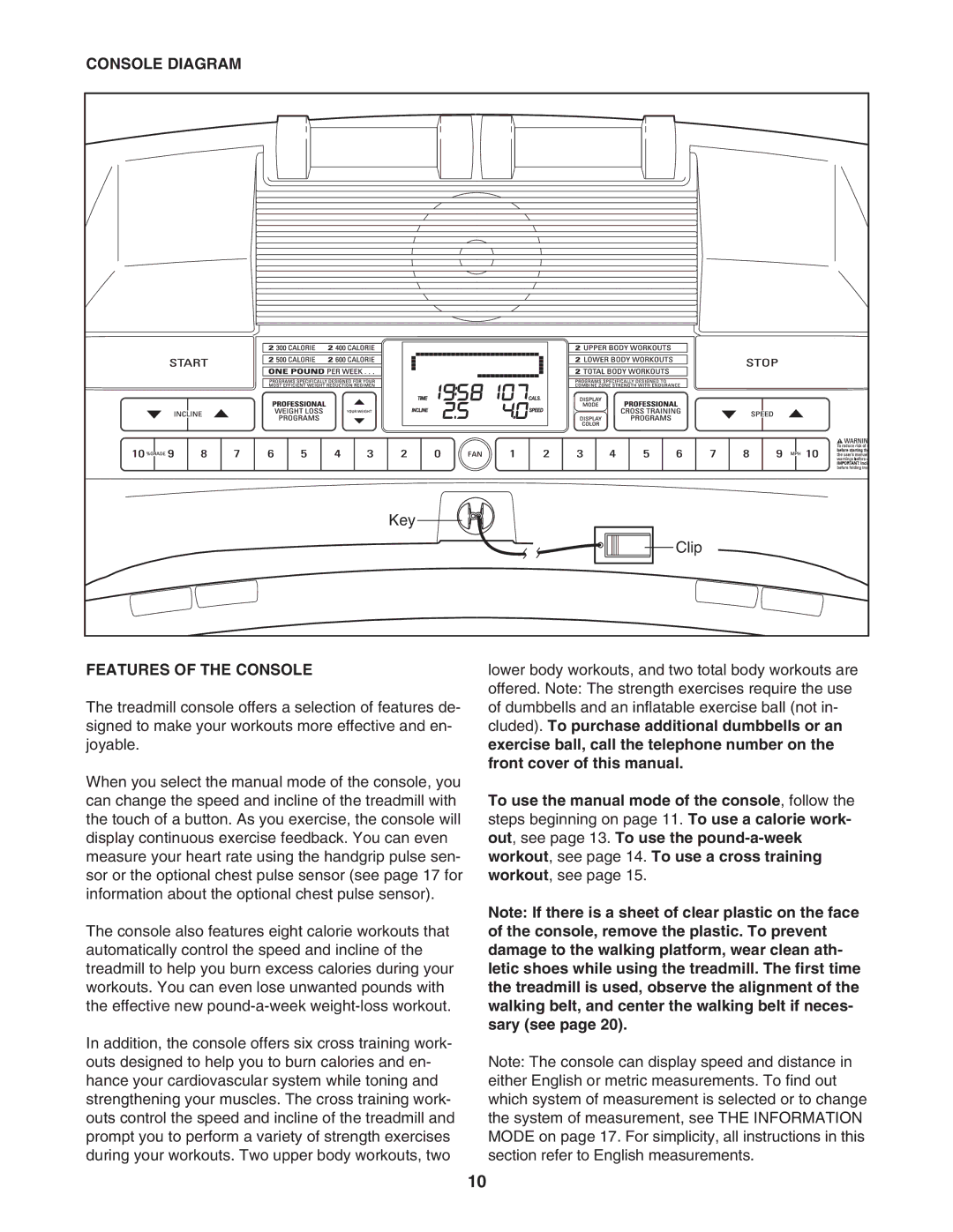 Reebok Fitness RBTL06008.0 manual Console Diagram, Features of the Console 