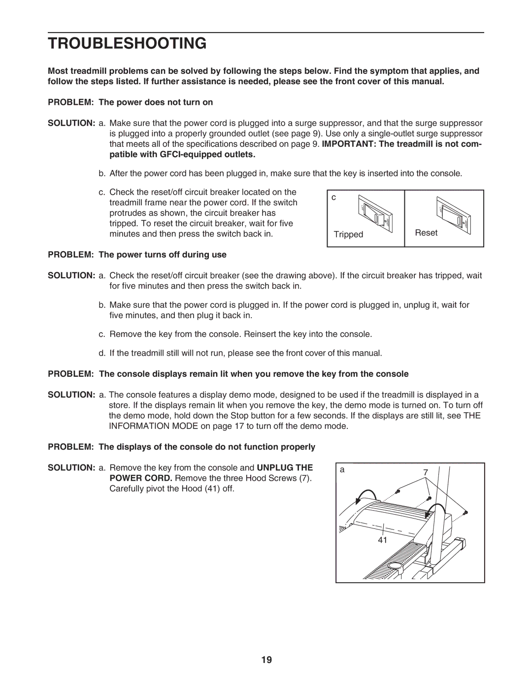 Reebok Fitness RBTL06008.0 manual Troubleshooting, Problem The power turns off during use 