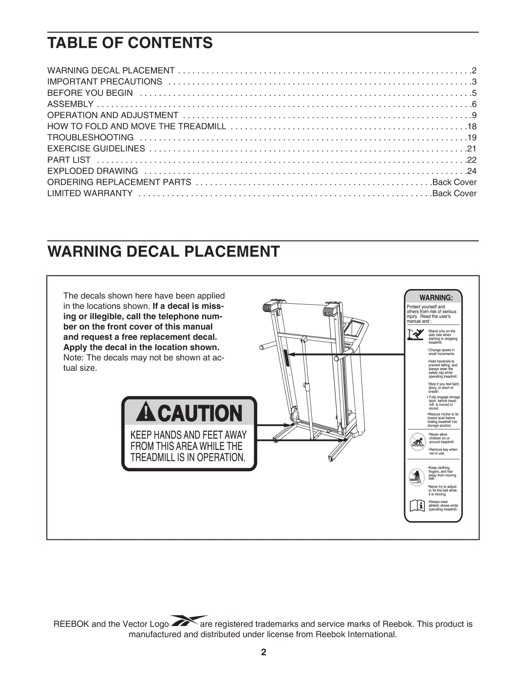 Reebok Fitness RBTL06008.0 manual Table of Contents 