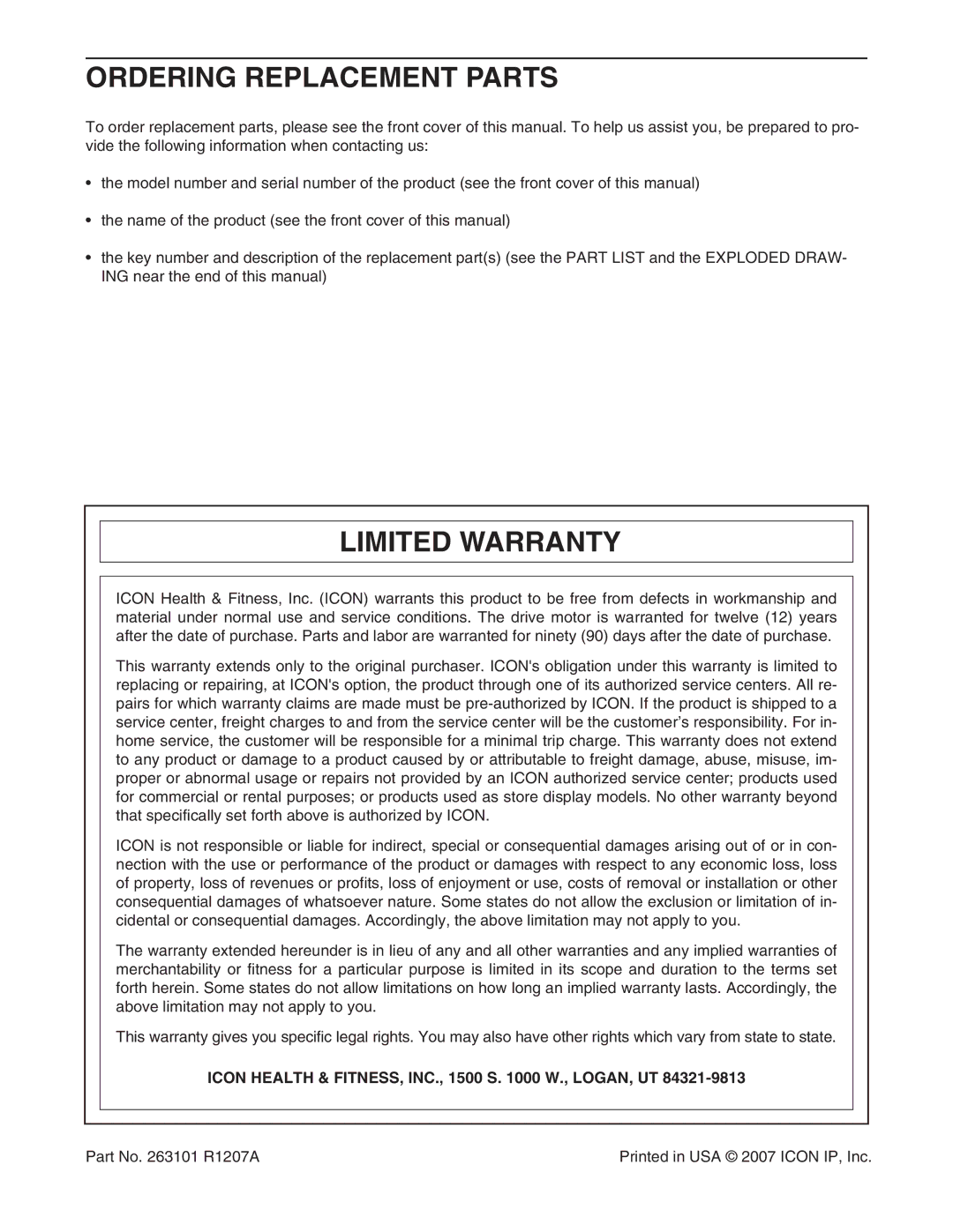 Reebok Fitness RBTL06008.0 Ordering Replacement Parts, Limited Warranty, Icon Health & FITNESS, INC., 1500 S W., LOGAN, UT 