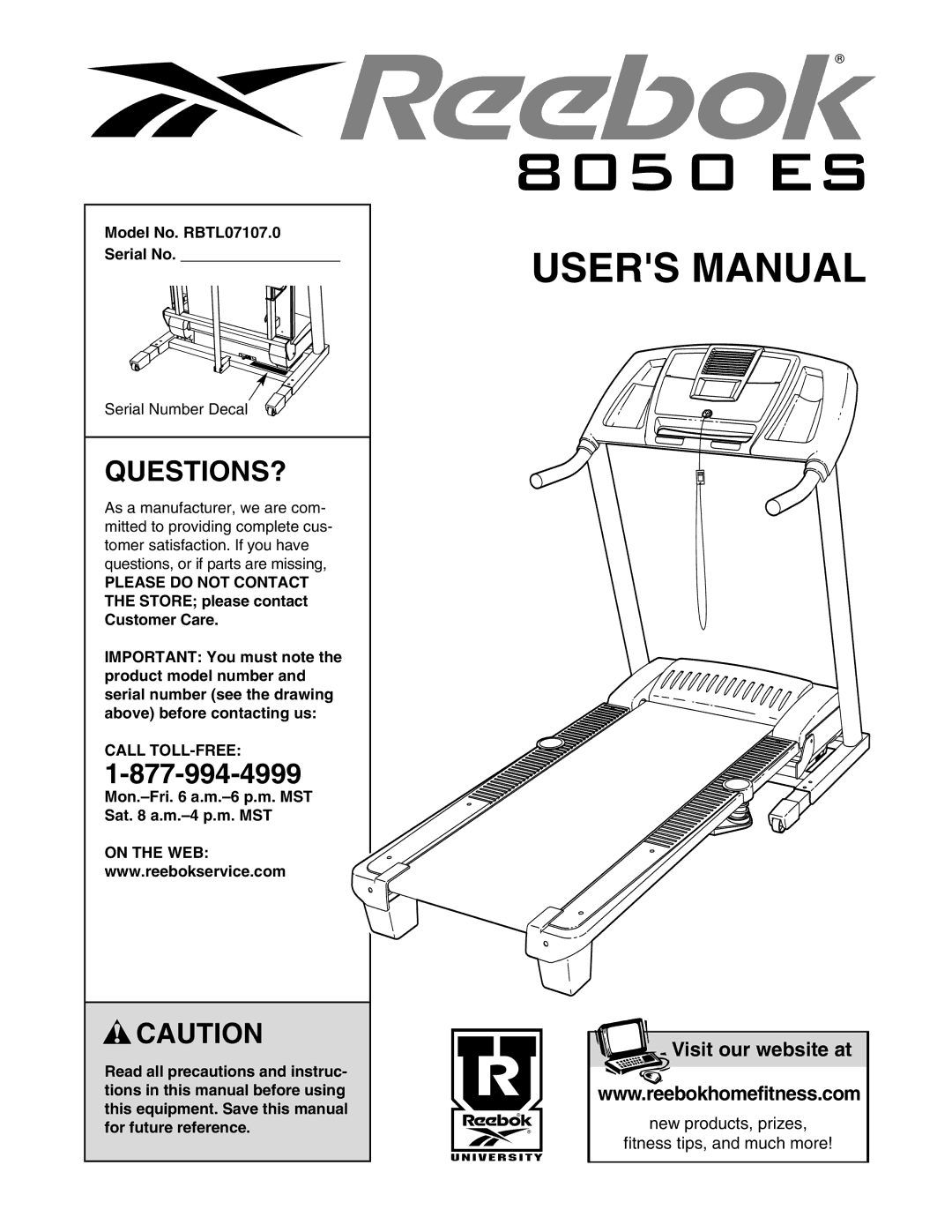 Reebok Fitness manual Questions?, Model No. RBTL07107.0 Serial No, Call TOLL-FREE, On the WEB 