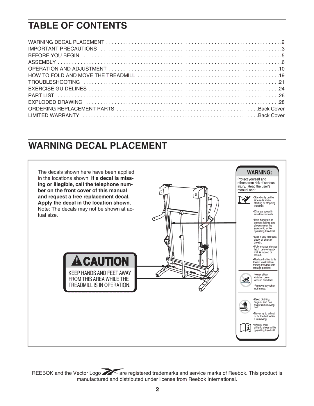 Reebok Fitness RBTL07107.0 manual Table of Contents 