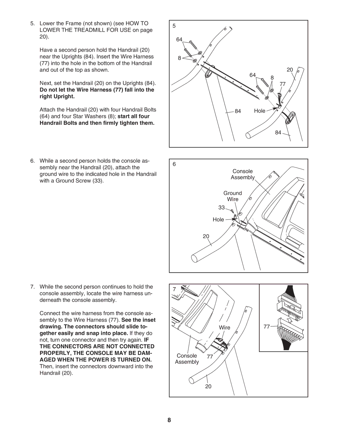 Reebok Fitness RBTL07107.0 manual Do not let the Wire Harness 77 fall into the right Upright 