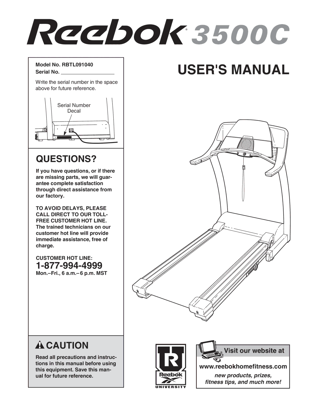 Reebok Fitness manual Questions?, Model No. RBTL091040 Serial No, Customer HOT Line 