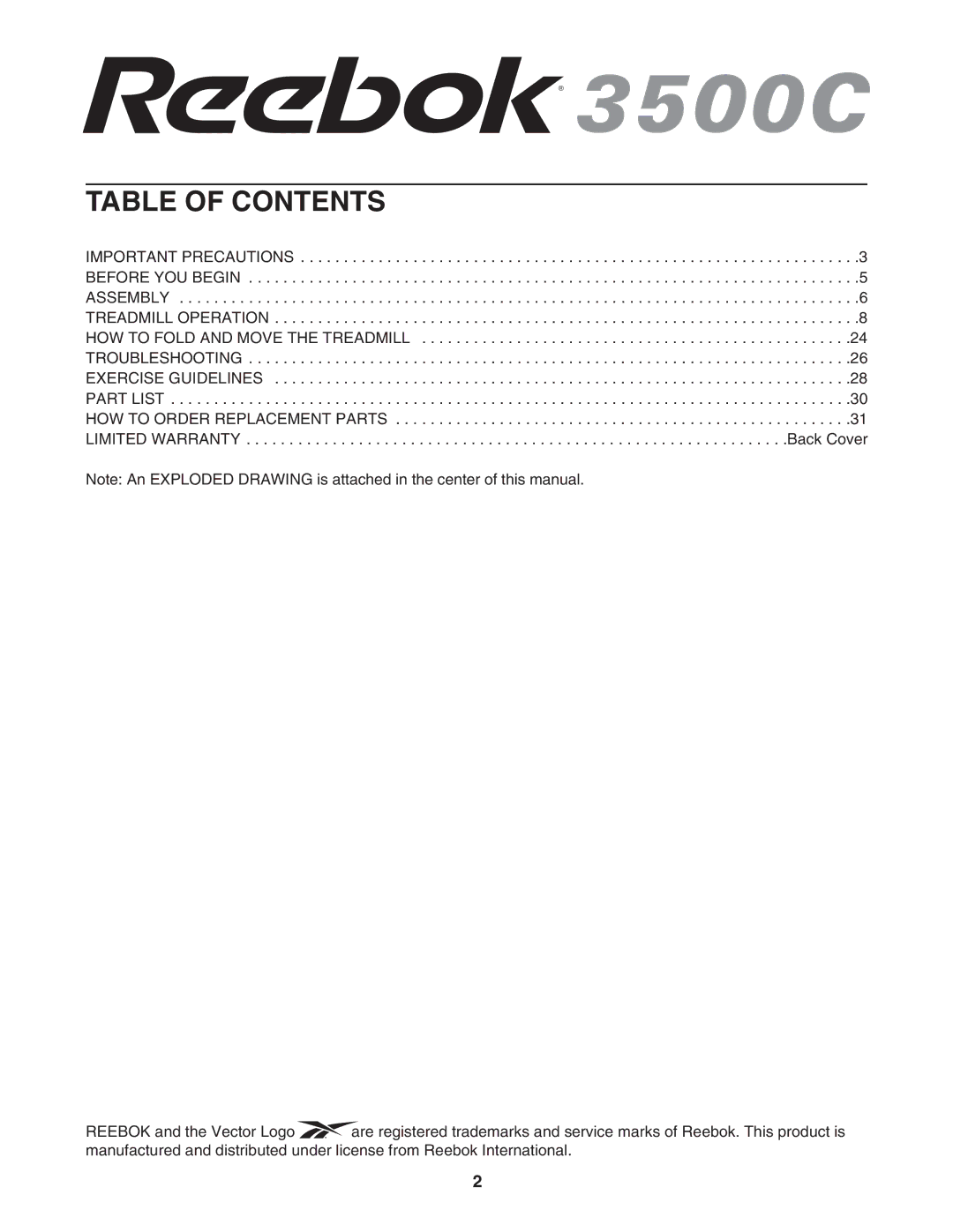 Reebok Fitness RBTL091040 manual Table of Contents 