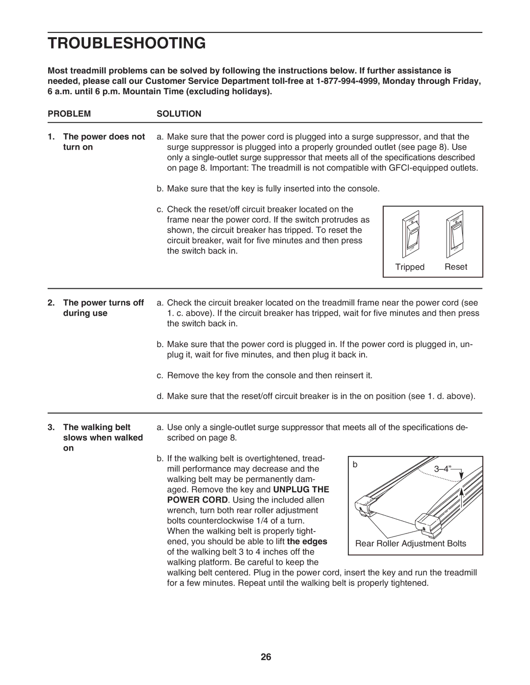 Reebok Fitness RBTL091040 manual Troubleshooting, Problemsolution, Power does not turn on, Power turns off during use 