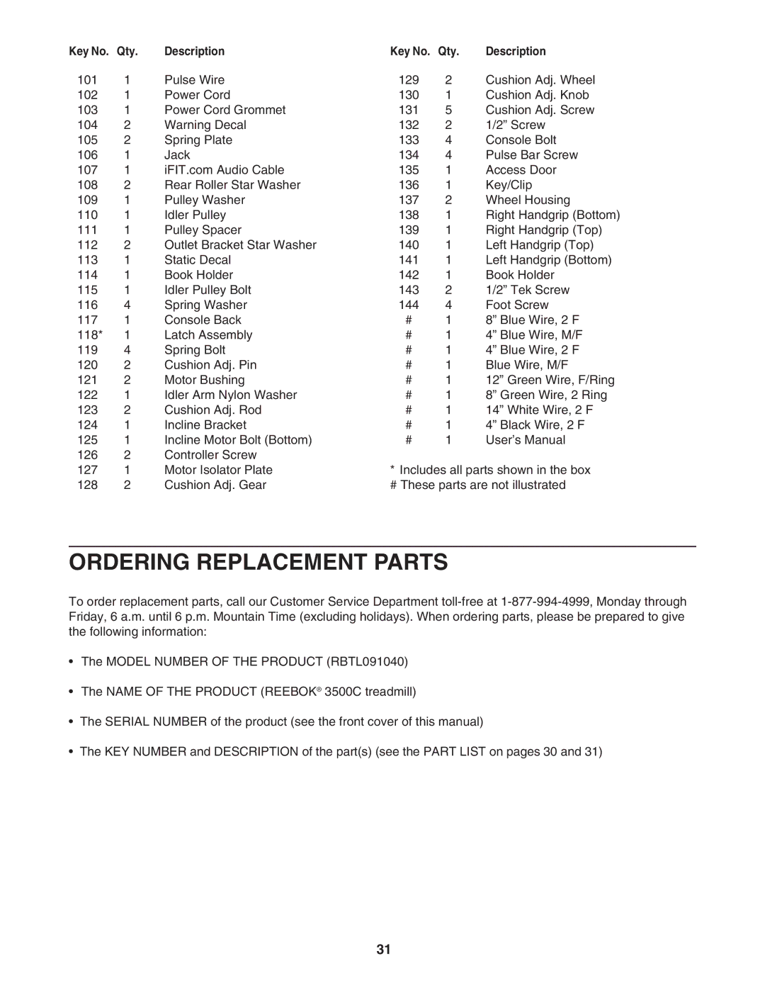 Reebok Fitness RBTL091040 manual Ordering Replacement Parts 