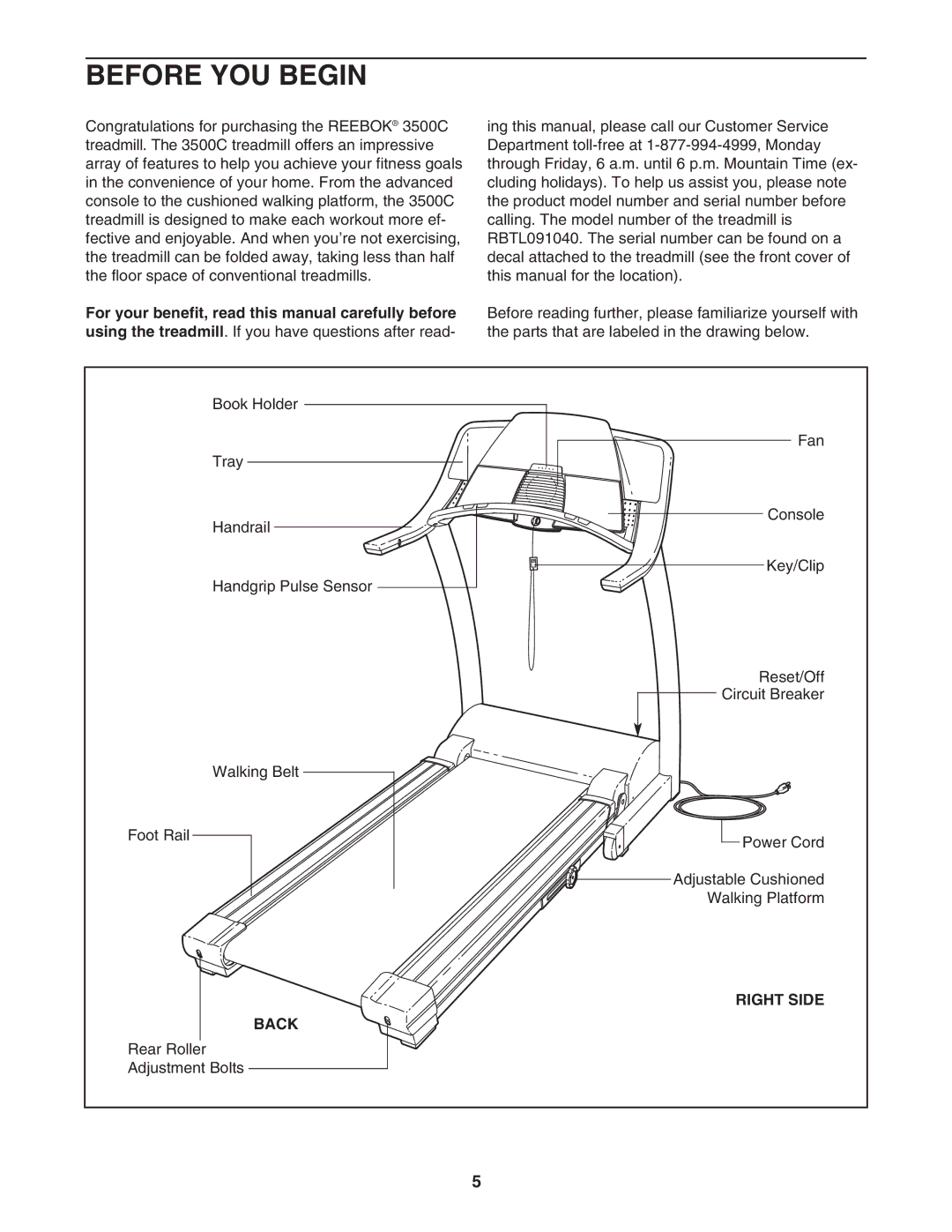 Reebok Fitness RBTL091040 manual Before YOU Begin, Right Side, Back 