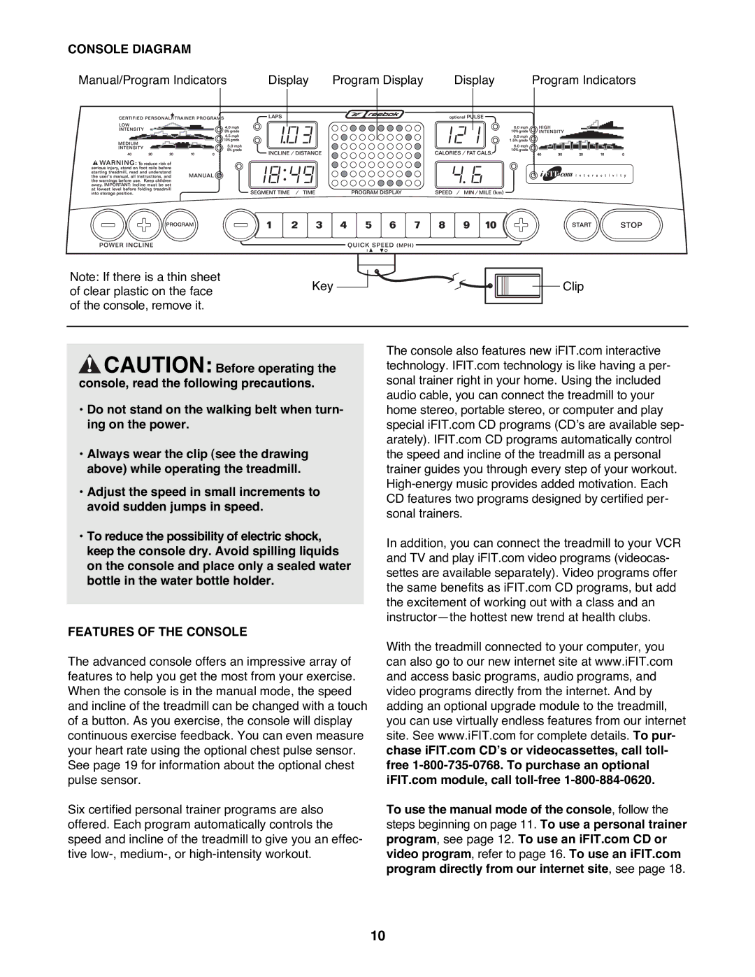 Reebok Fitness RBTL09500 manual Console Diagram, Features of the Console 