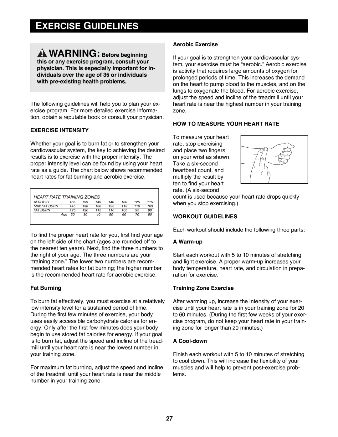 Reebok Fitness RBTL09500 manual Exercise Guidelines, Exercise Intensity, HOW to Measure Your Heart Rate, Workout Guidelines 