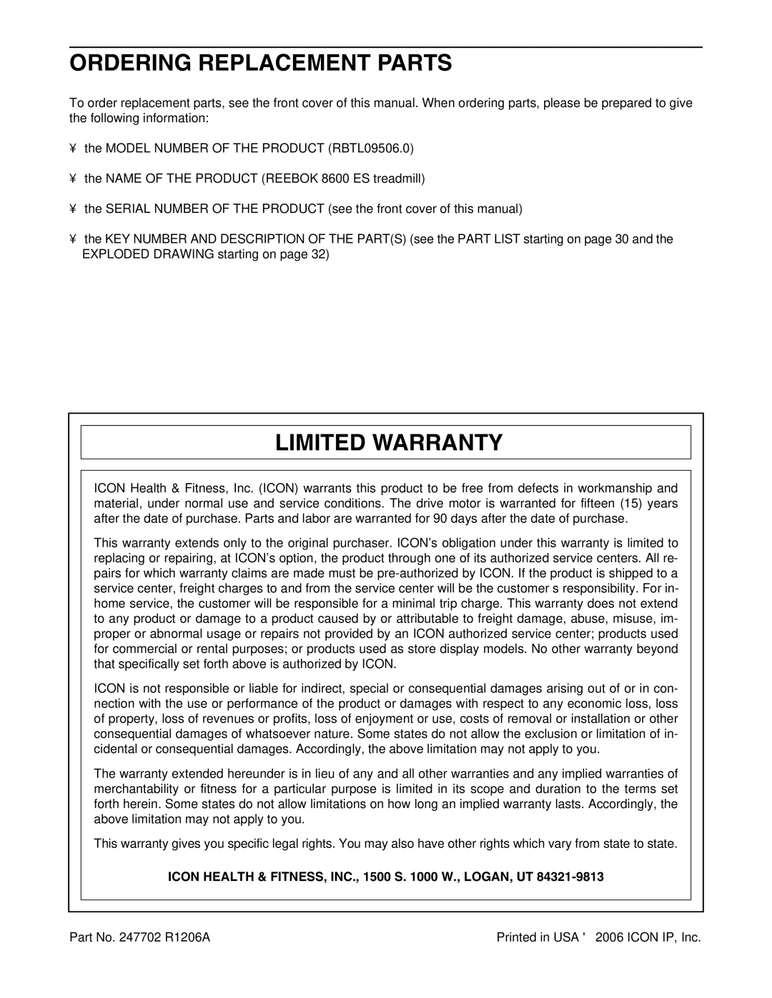 Reebok Fitness RBTL09506.0 Ordering Replacement Parts, Limited Warranty, Icon Health & FITNESS, INC., 1500 S W., LOGAN, UT 