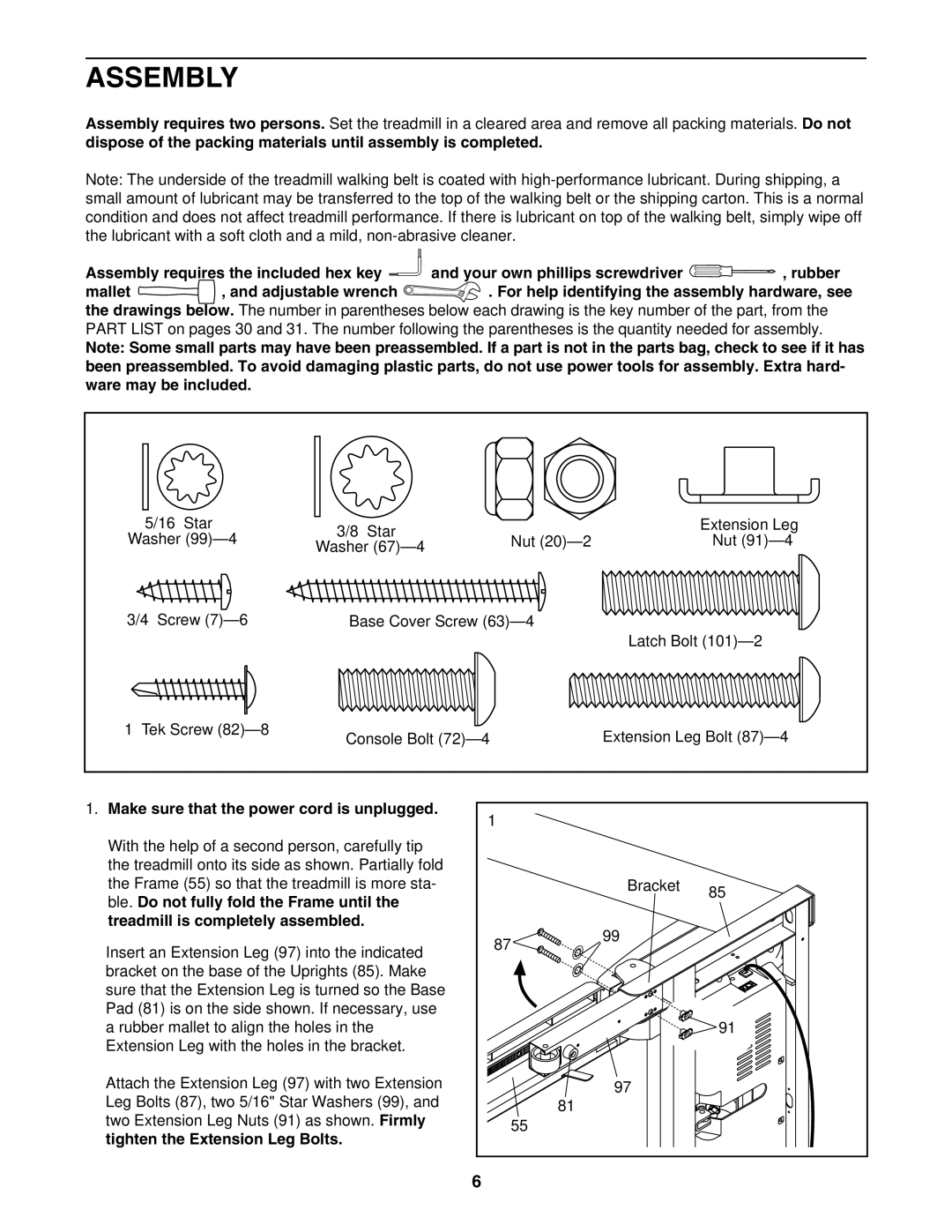 Reebok Fitness RBTL09506.0 manual Assembly, Make sure that the power cord is unplugged, Tighten the Extension Leg Bolts 