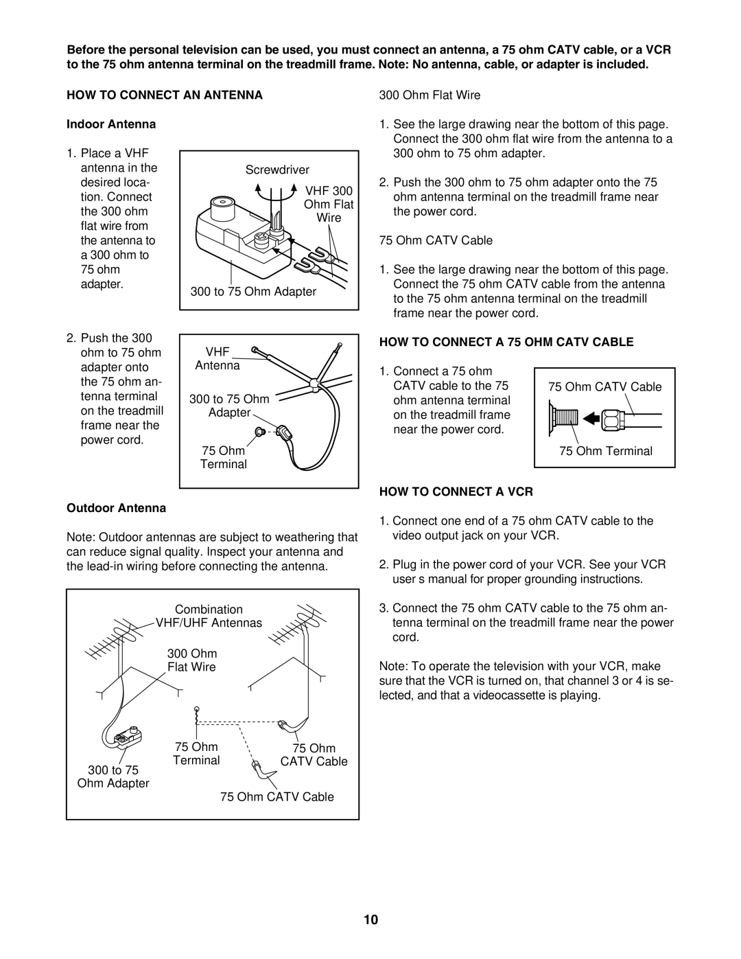 Reebok Fitness RBTL09906.0 manual HOW to Connect AN Antenna, HOW to Connect a 75 OHM Catv Cable, HOW to Connect a VCR 