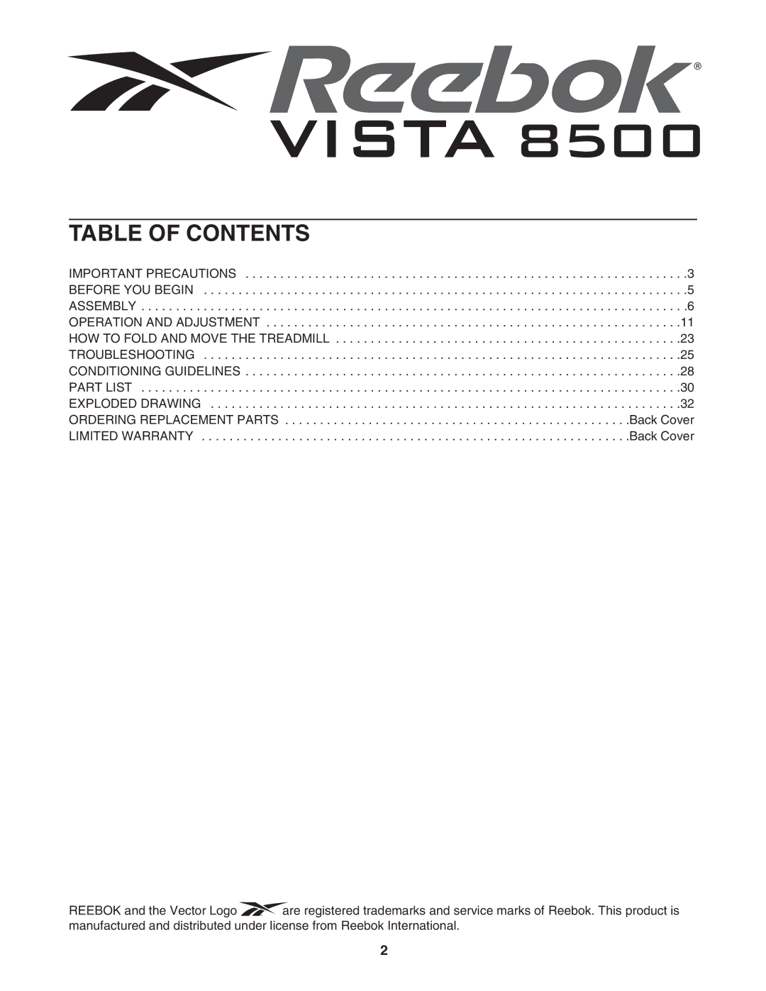 Reebok Fitness RBTL09906.0 manual Table of Contents 