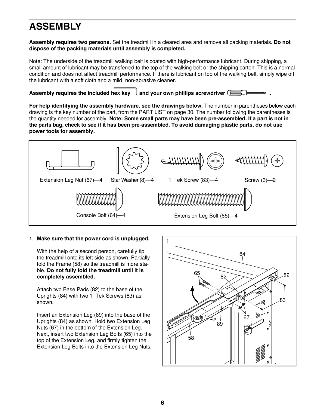 Reebok Fitness RBTL09906.0 manual Assembly, Make sure that the power cord is unplugged 