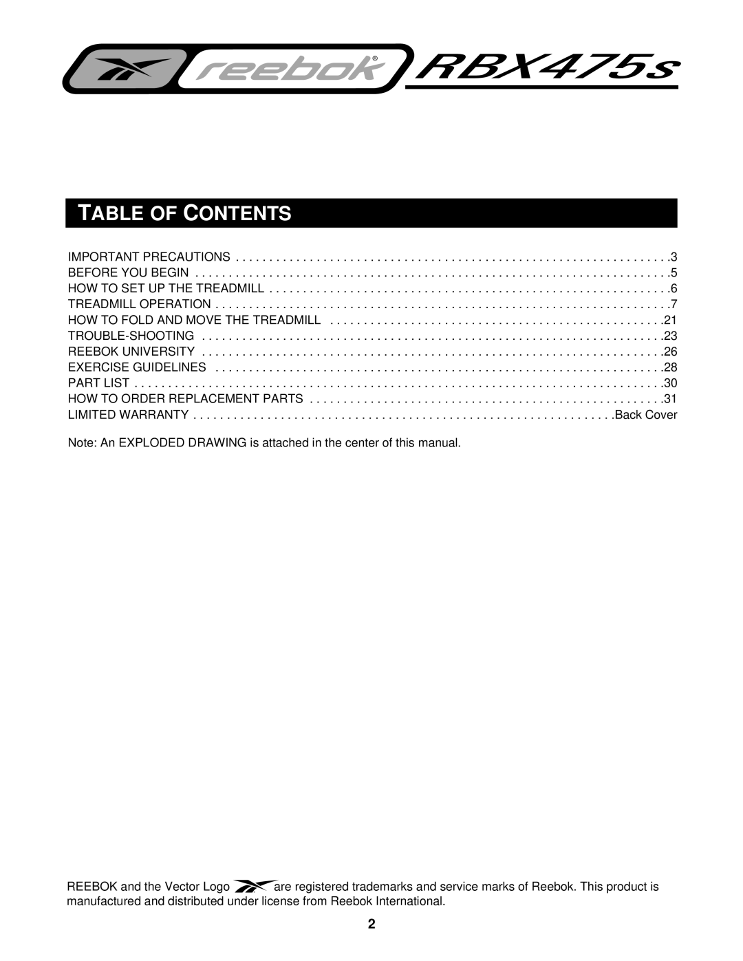 Reebok Fitness RBTL10500 manual Table of Contents 