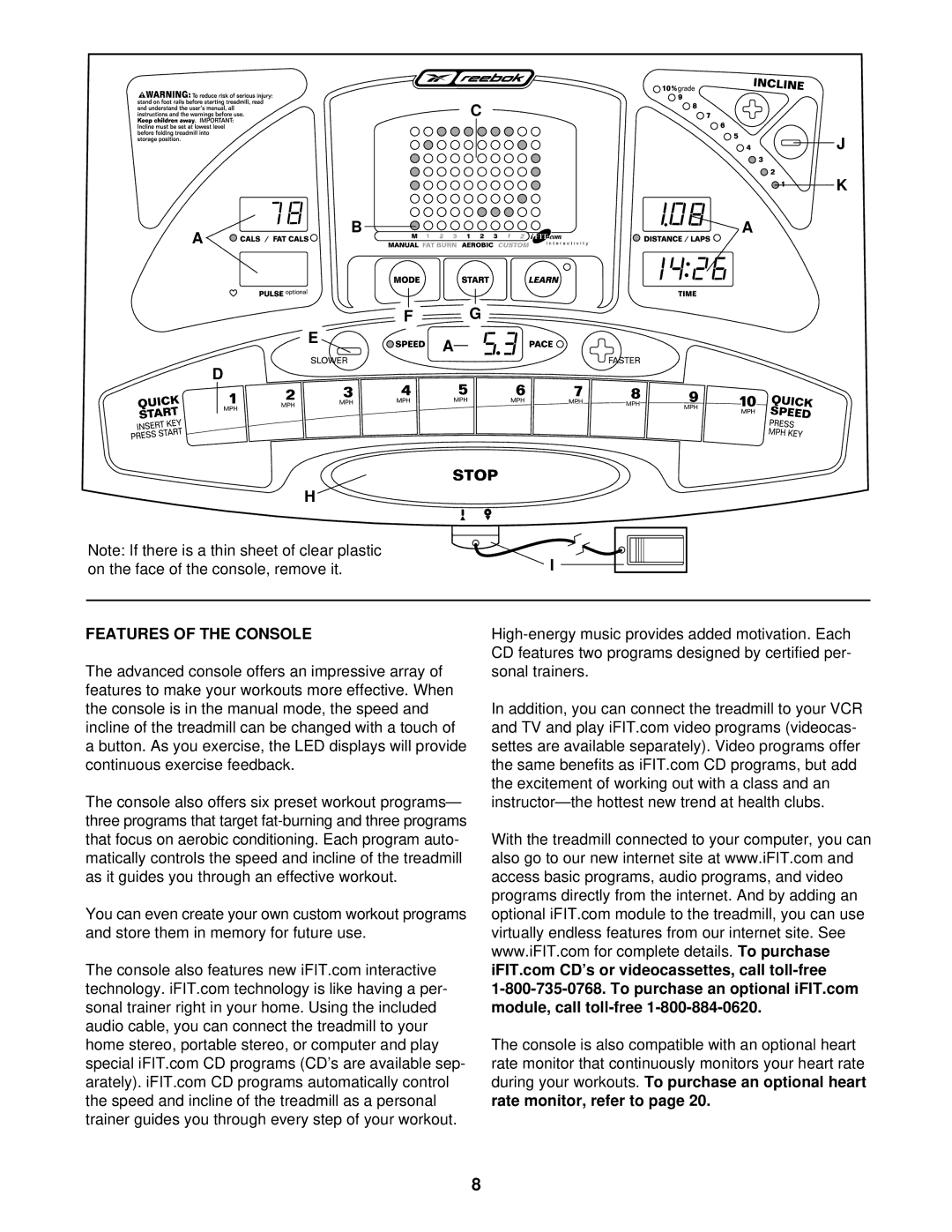 Reebok Fitness RBTL10500 manual On the face of the console, remove it, Features of the Console 