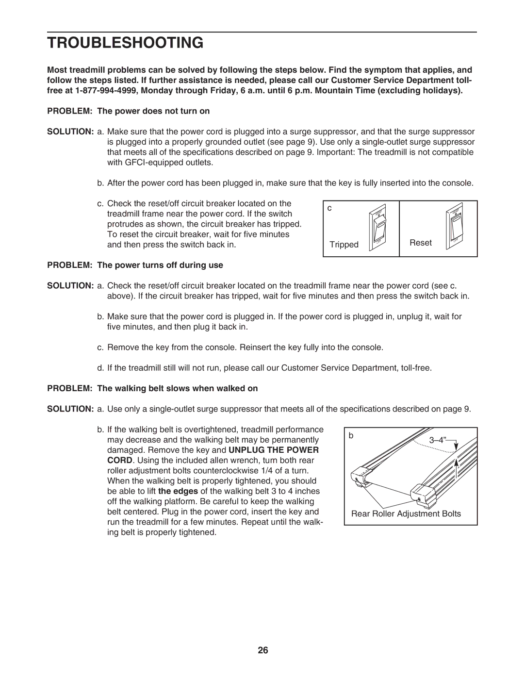 Reebok Fitness RBTL111040 manual Troubleshooting, Problem The power turns off during use 