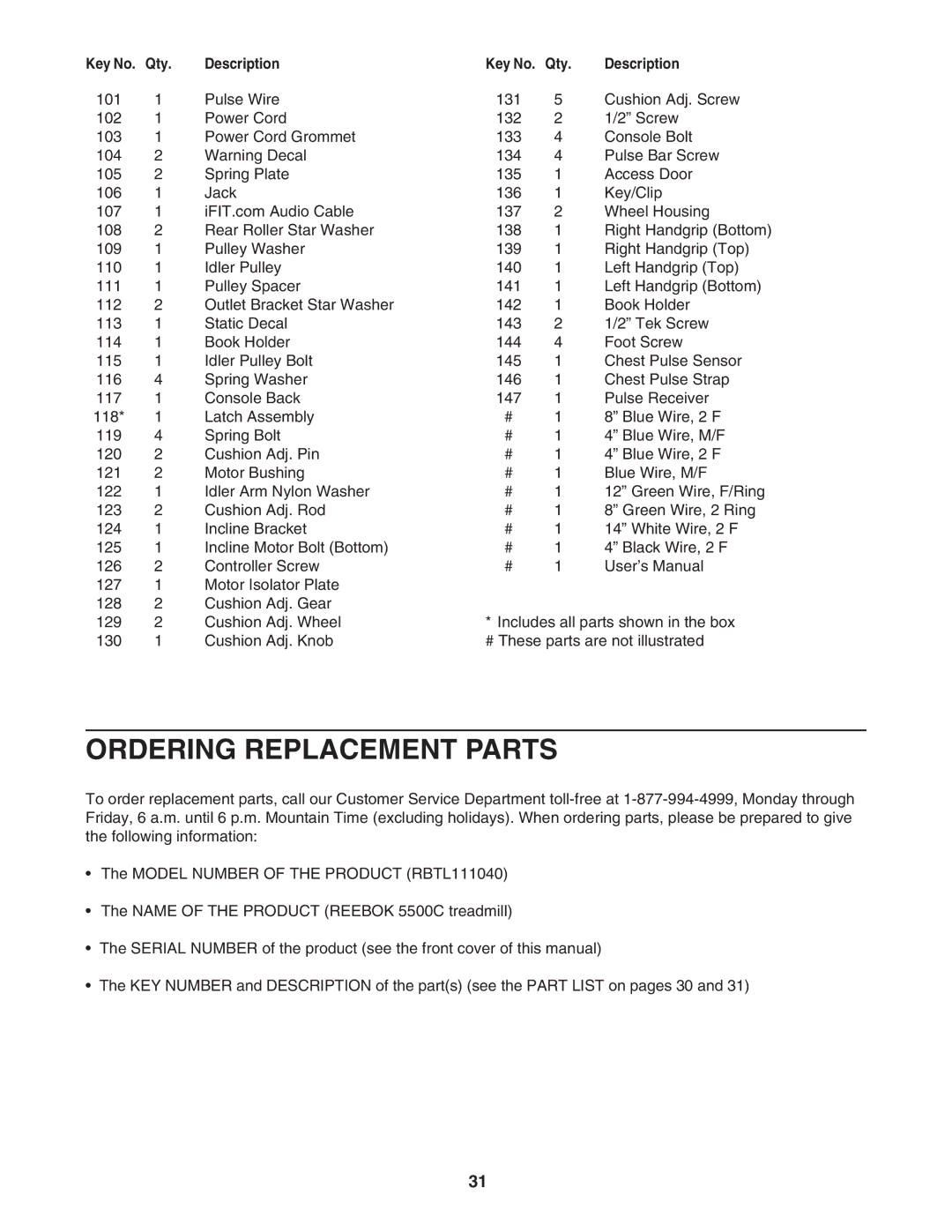 Reebok Fitness RBTL111040 manual Ordering Replacement Parts 