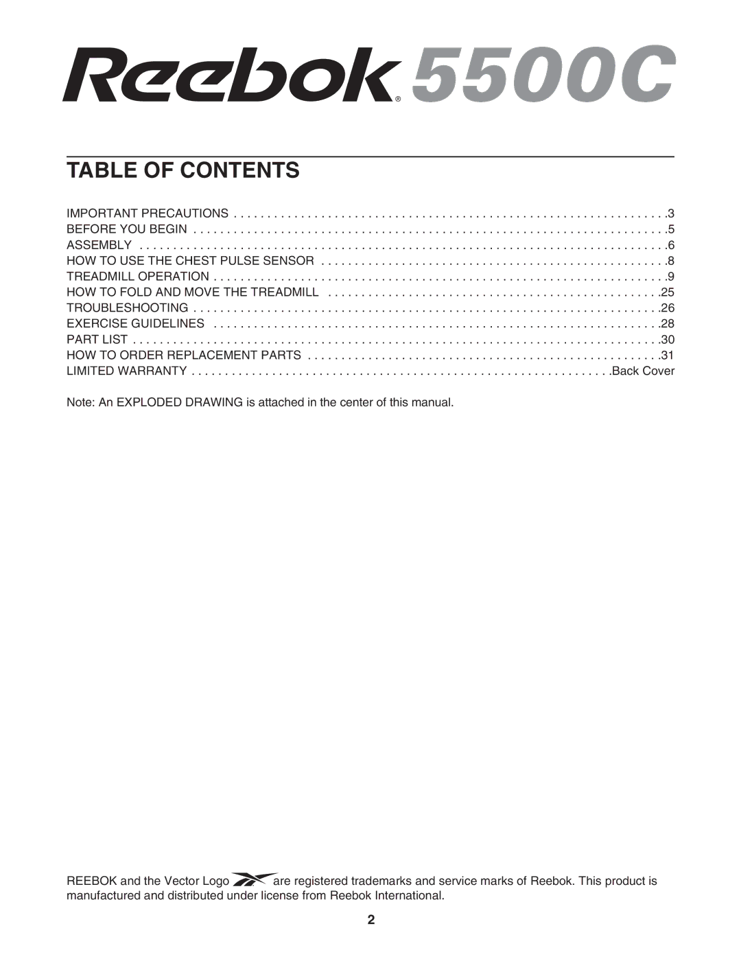 Reebok Fitness RBTL11104.1 manual Table of Contents 