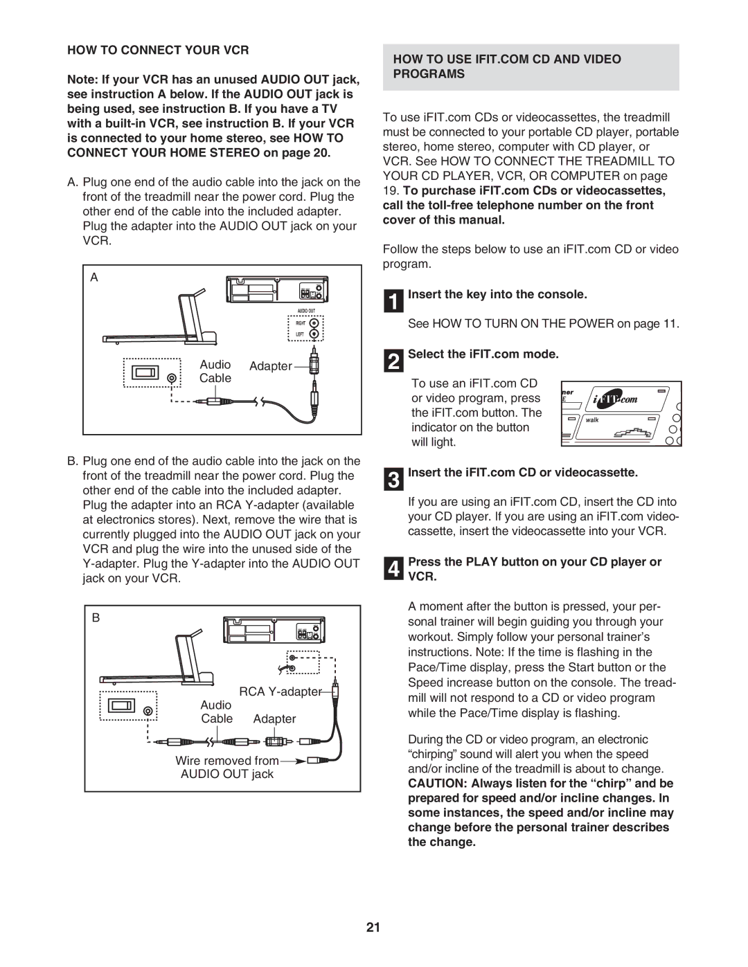 Reebok Fitness RBTL11104.1 HOW to Connect Your VCR, Audio Adapter Cable, PressVCR. the Play button on your CD player or 