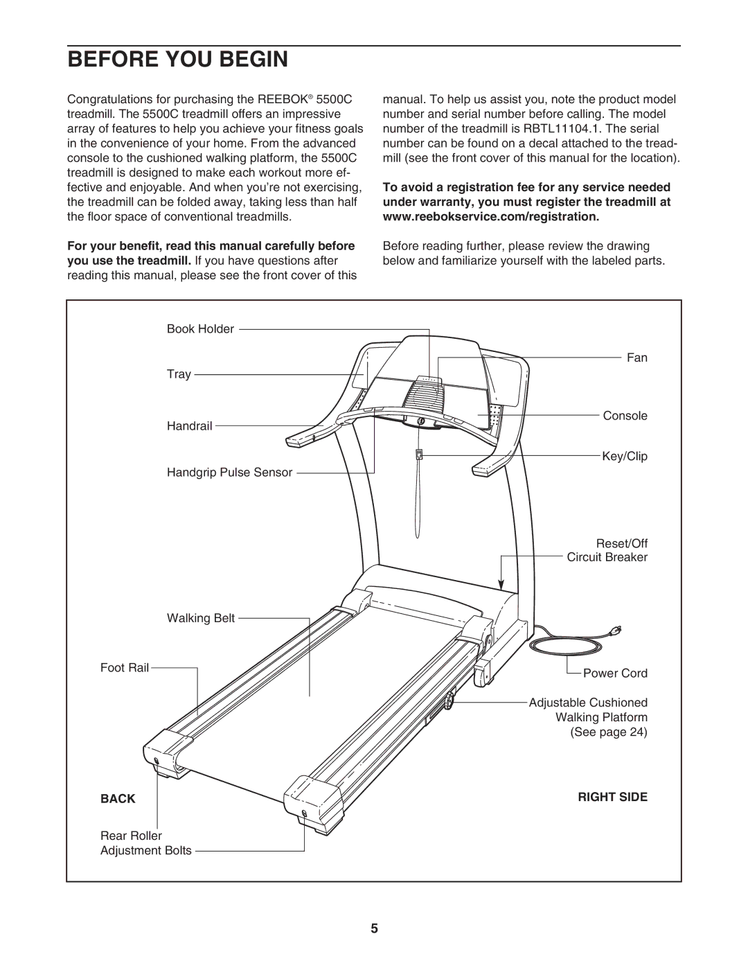 Reebok Fitness RBTL11104.1 manual Before YOU Begin, Back Right Side 