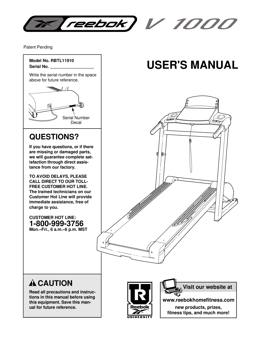 Reebok Fitness manual Model No. RBTL11910 Serial No, Customer HOT Line 