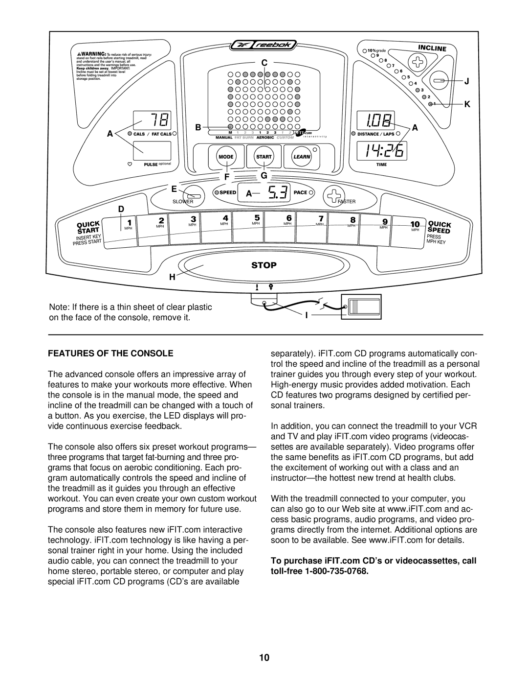 Reebok Fitness RBTL11910 manual On the face of the console, remove it, Features of the Console 