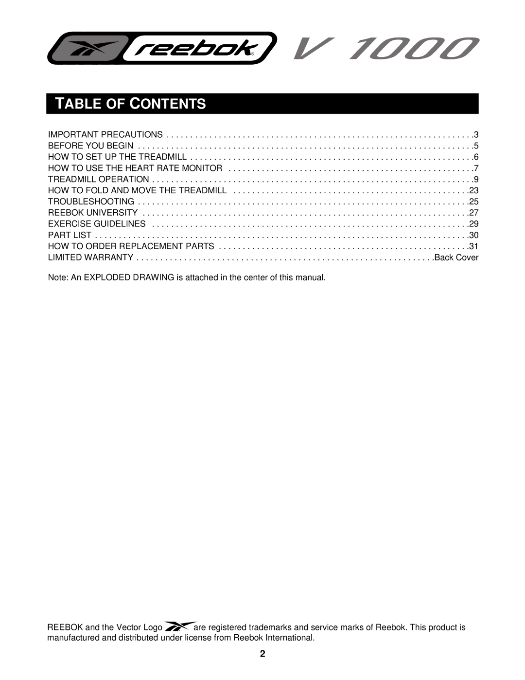 Reebok Fitness RBTL11910 manual Table of Contents 