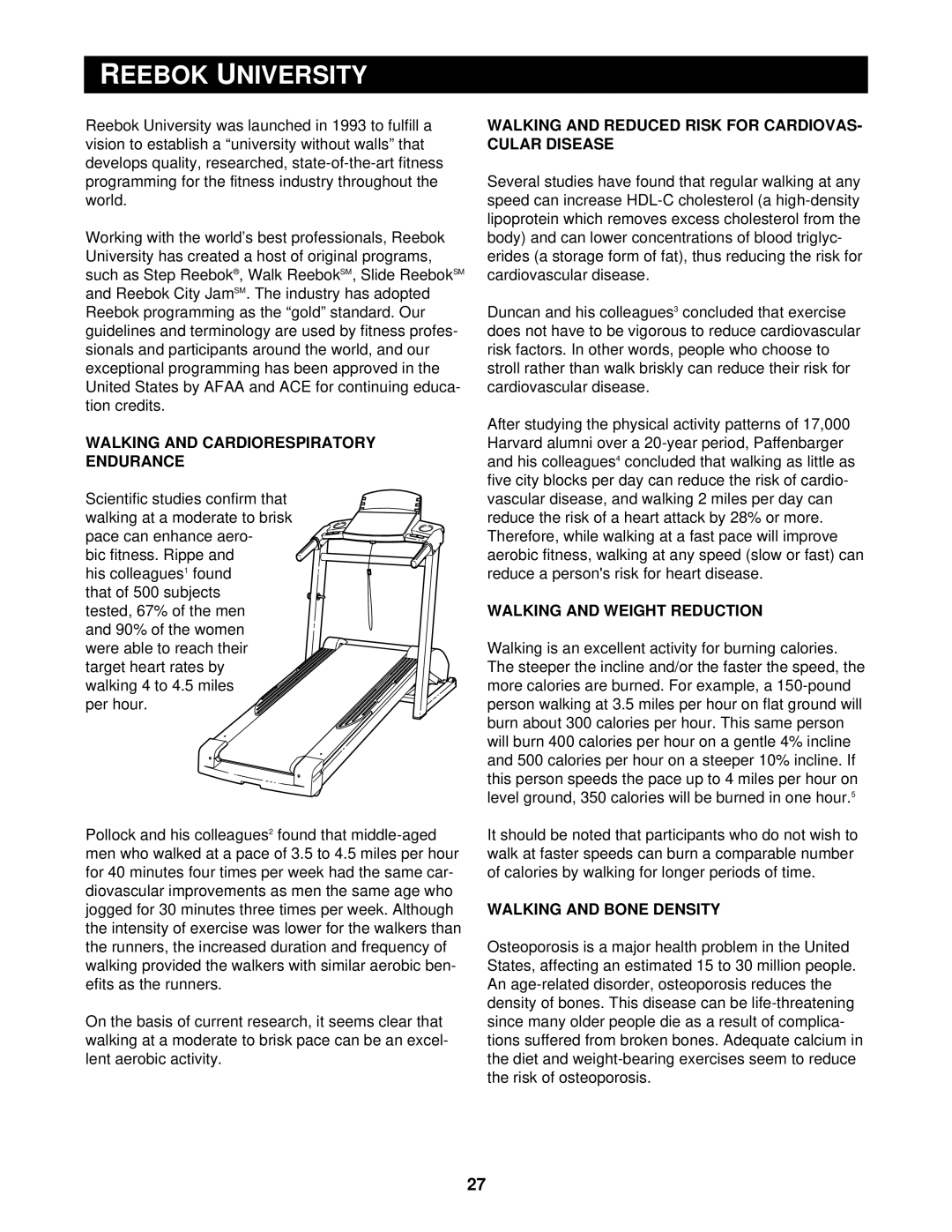 Reebok Fitness RBTL11910 manual Reebok University, Walking and Cardiorespiratory Endurance, Walking and Weight Reduction 