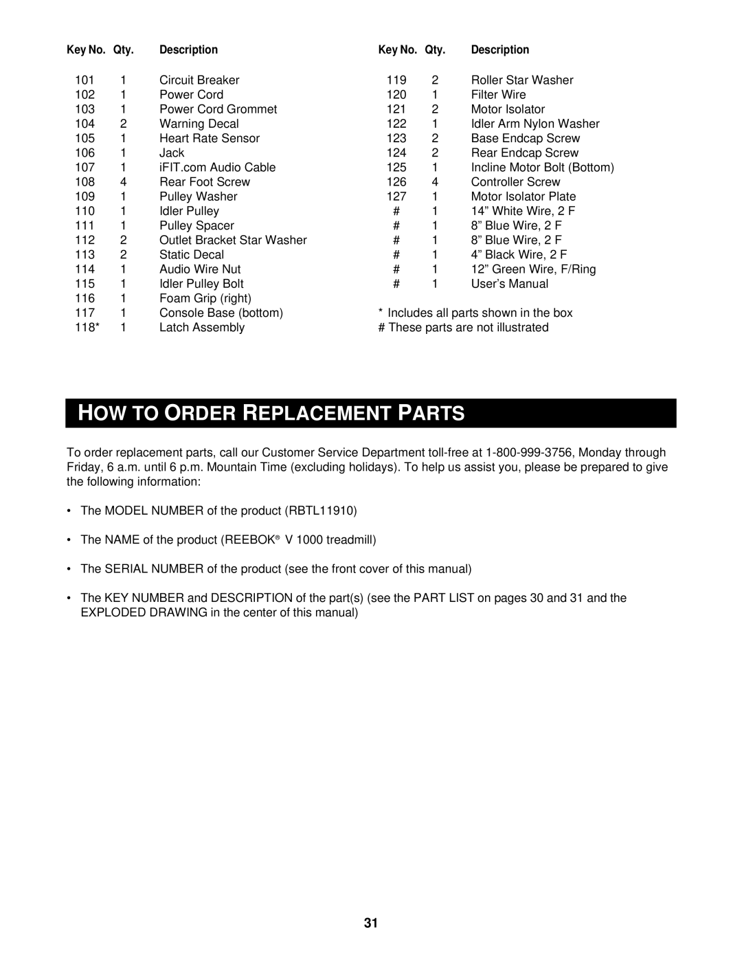 Reebok Fitness RBTL11910 manual HOW to Order Replacement Parts 