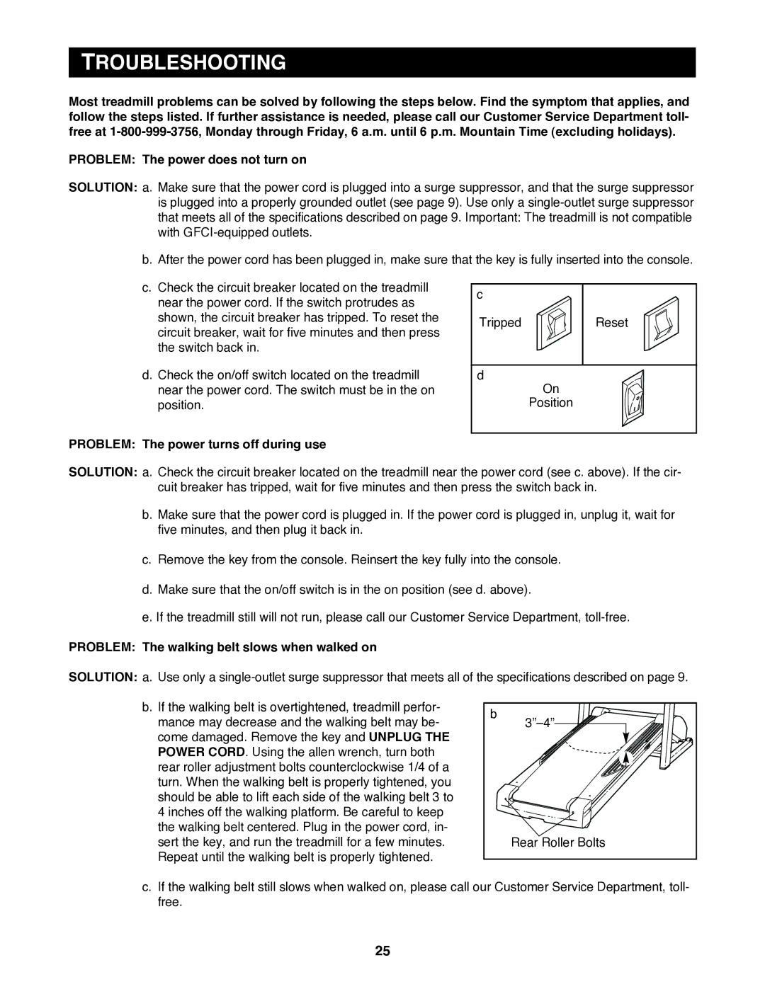 Reebok Fitness RBTL11920 manual Troubleshooting, Problem The power turns off during use 