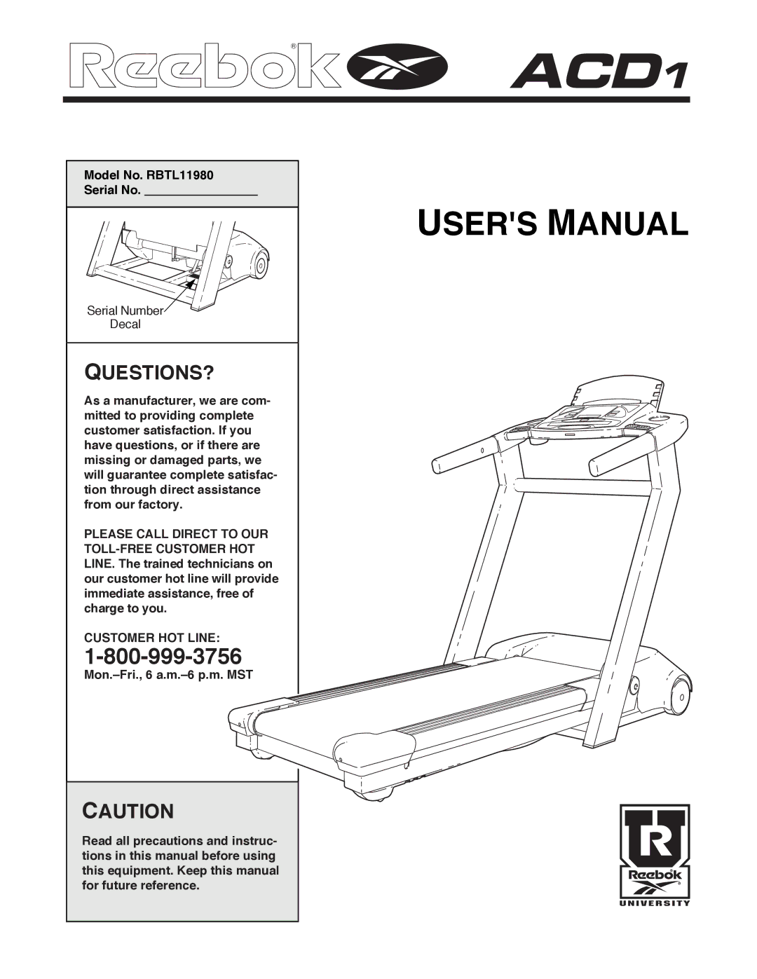 Reebok Fitness manual Model No. RBTL11980 Serial No, Customer HOT Line 