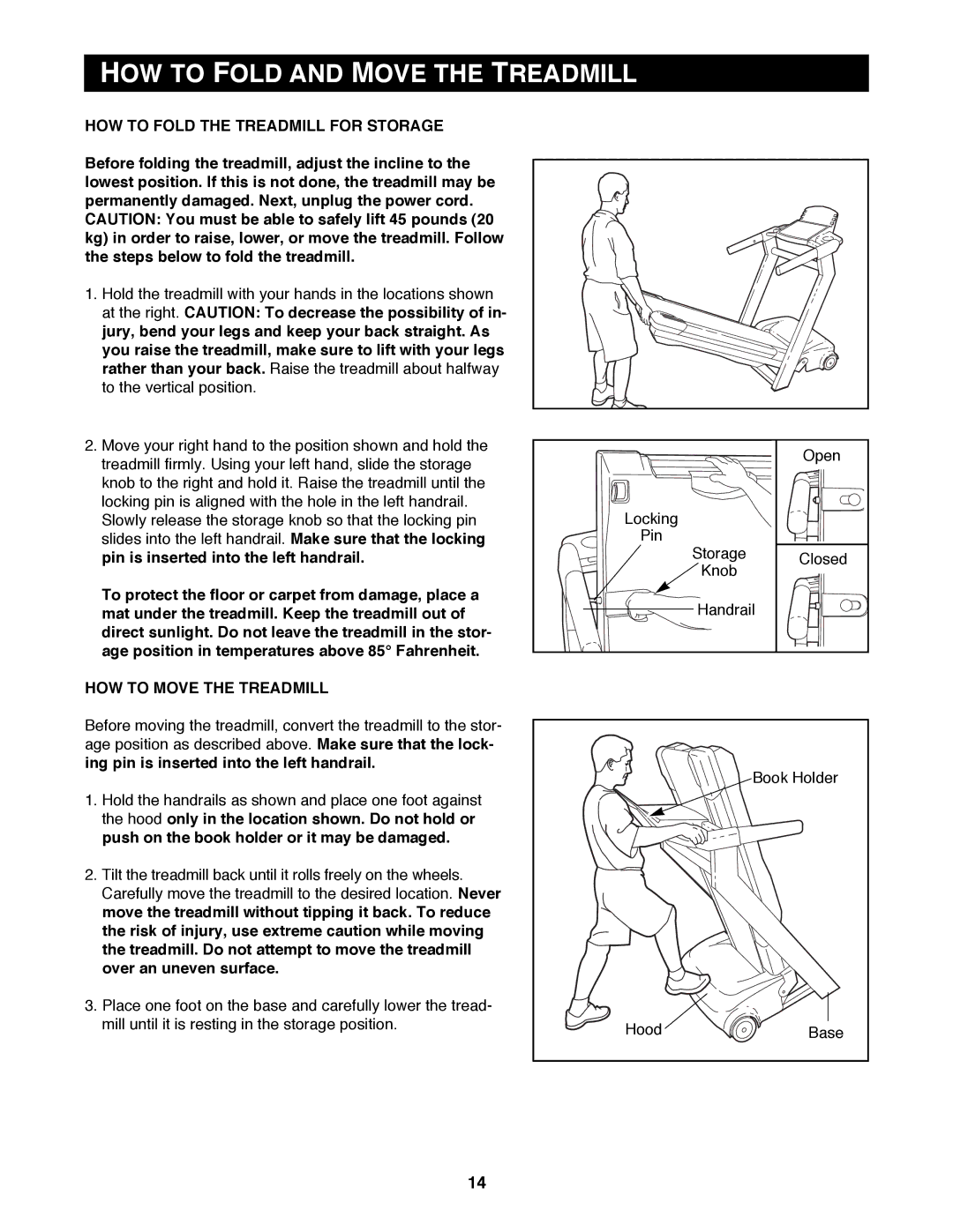 Reebok Fitness RBTL11980 manual HOW to Fold and Move the Treadmill, HOW to Fold the Treadmill for Storage 