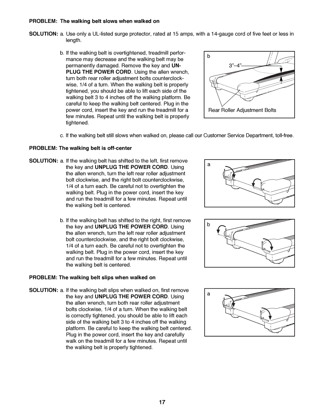 Reebok Fitness RBTL11980 manual Problem The walking belt slows when walked on, Problem The walking belt is off-center 