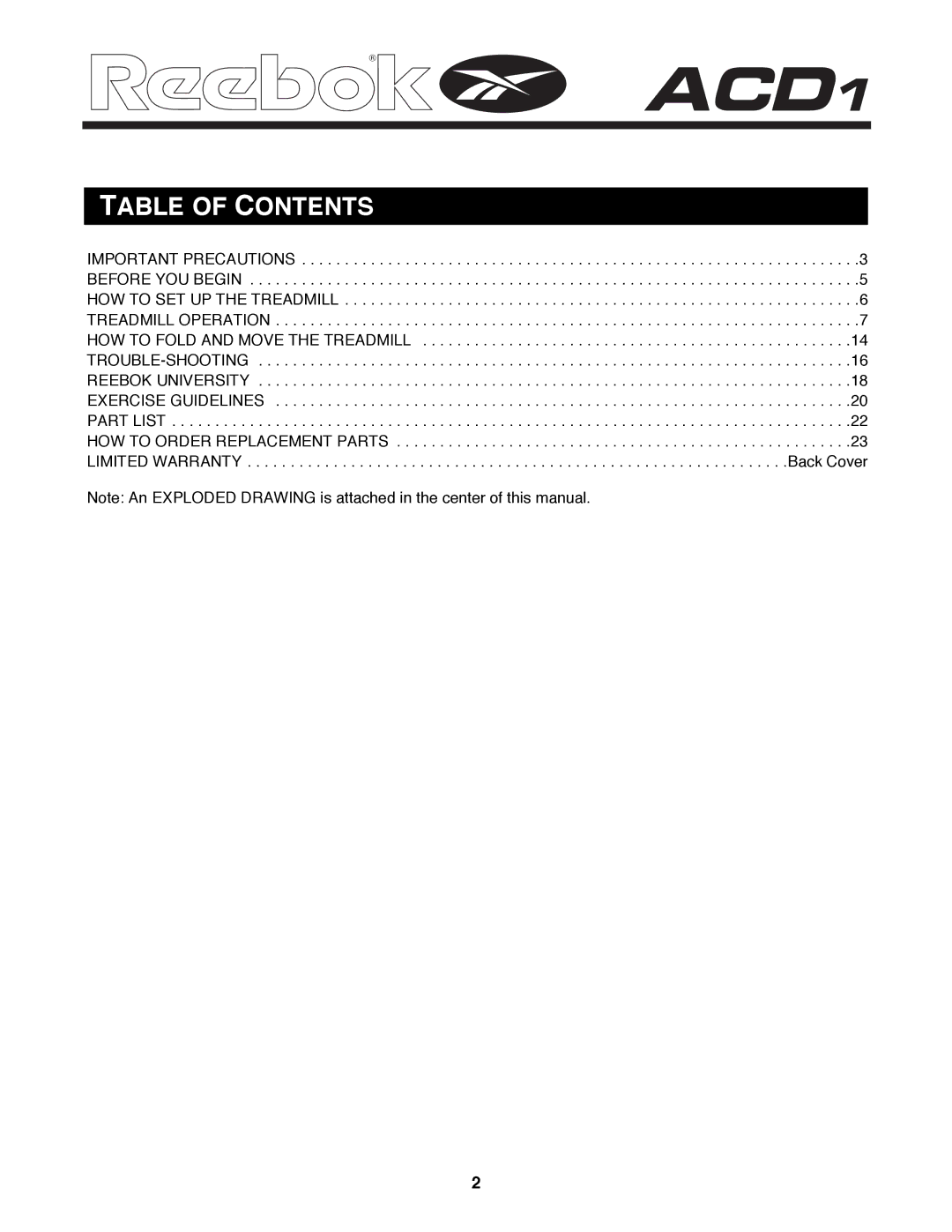 Reebok Fitness RBTL11980 manual Table of Contents 