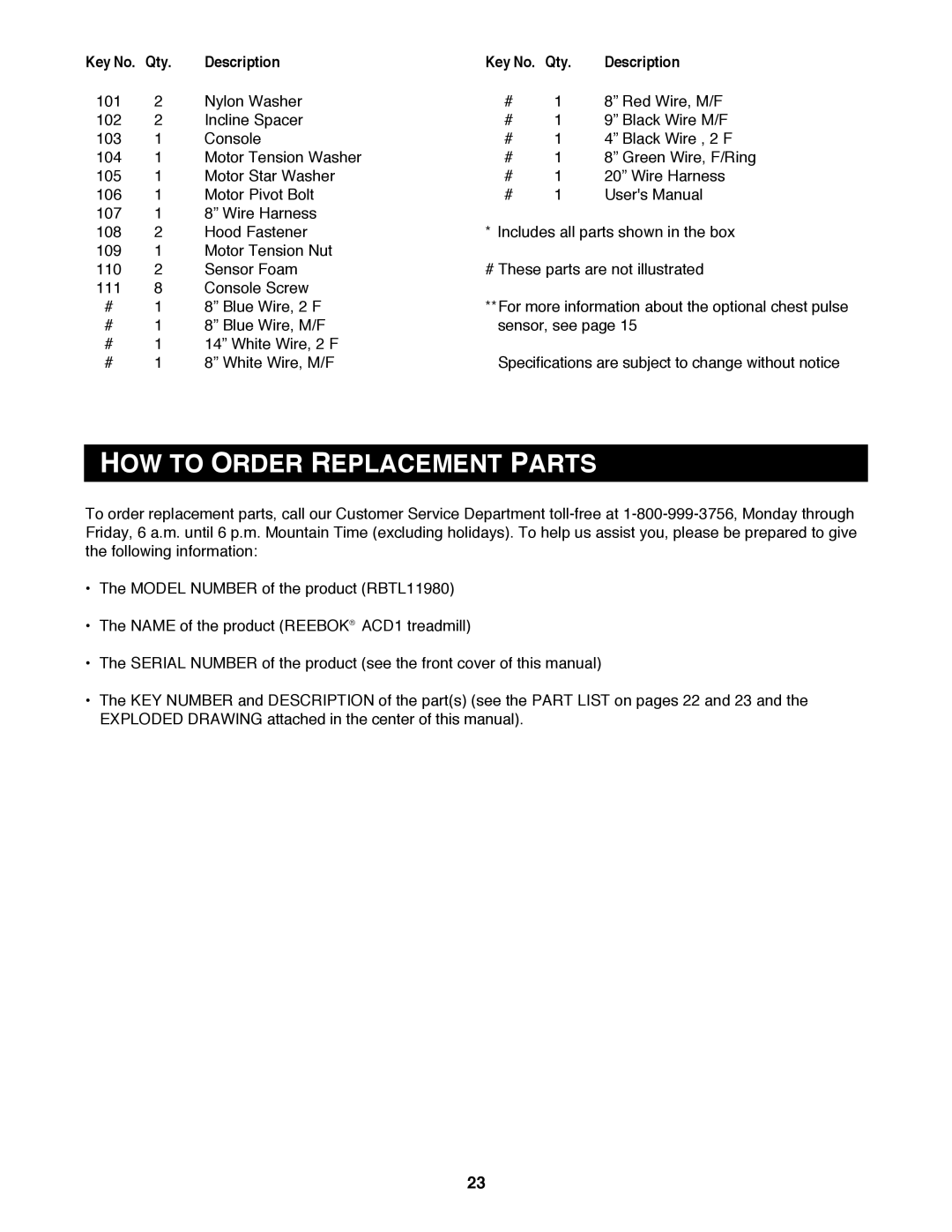 Reebok Fitness RBTL11980 manual HOW to Order Replacement Parts 