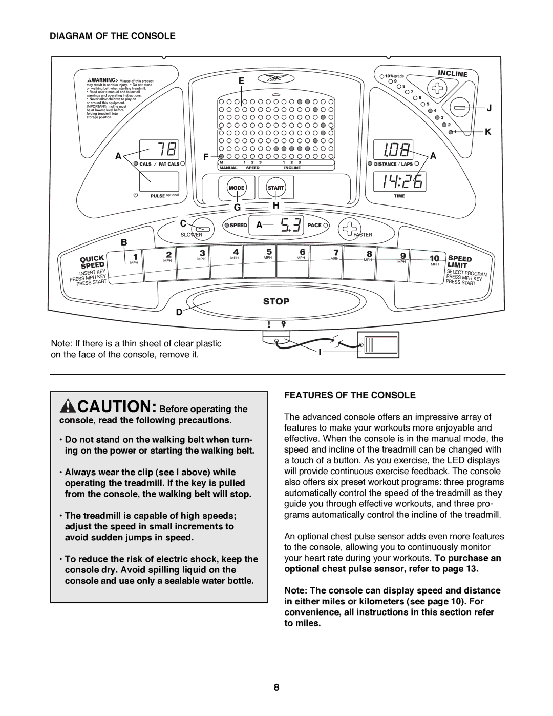 Reebok Fitness RBTL11980 manual Diagram of the Console, Features of the Console 