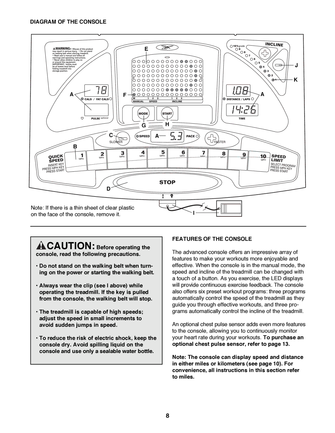 Reebok Fitness RBTL11981 manual Diagram of the Console, Features of the Console 