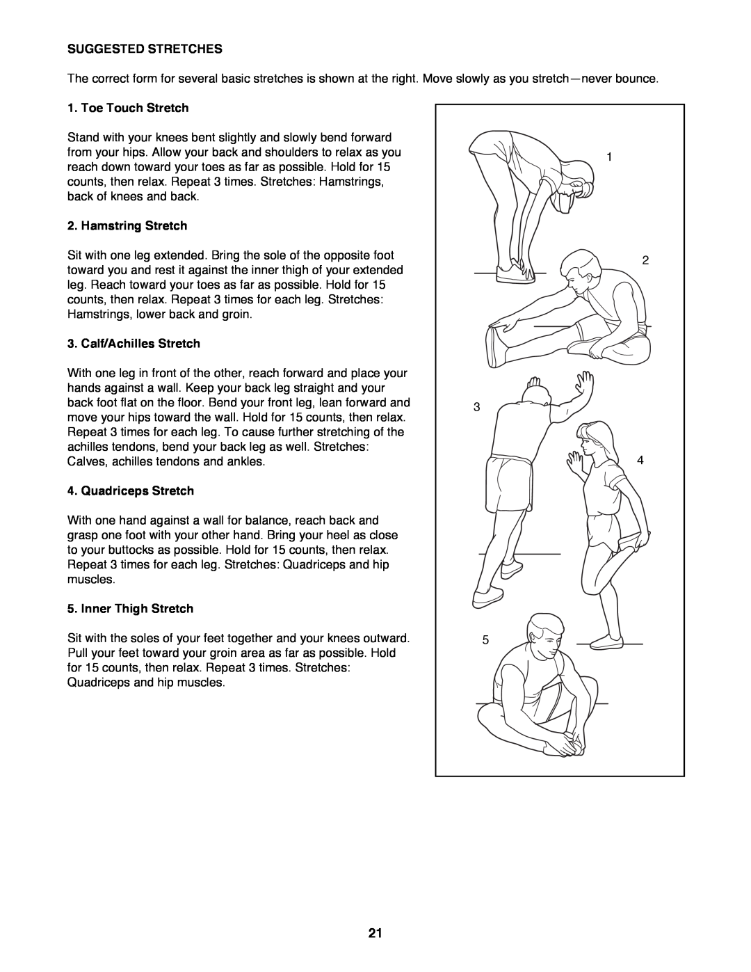 Reebok Fitness RBTL11981 manual Suggested Stretches, Toe Touch Stretch, Hamstring Stretch, Calf/Achilles Stretch 