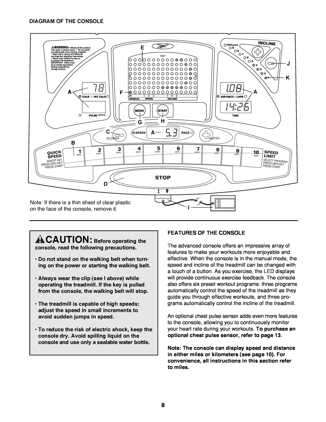 Reebok Fitness RBTL11981 manual Diagram Of The Console E J K, G H Ca B, Features Of The Console 