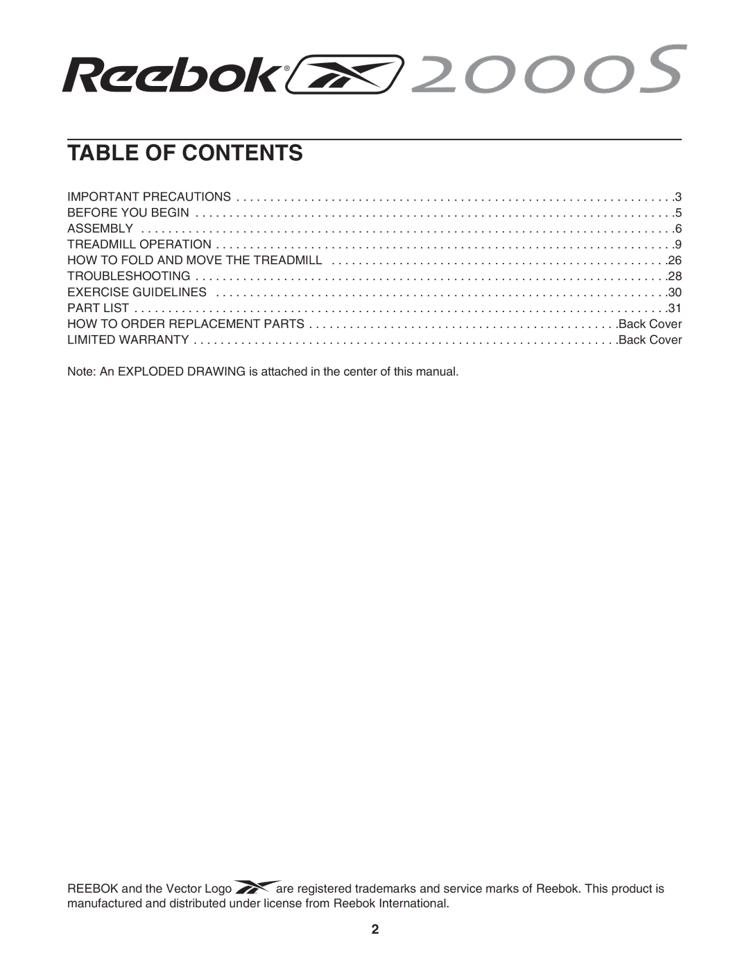 Reebok Fitness RBTL12204.0 manual Table of Contents 