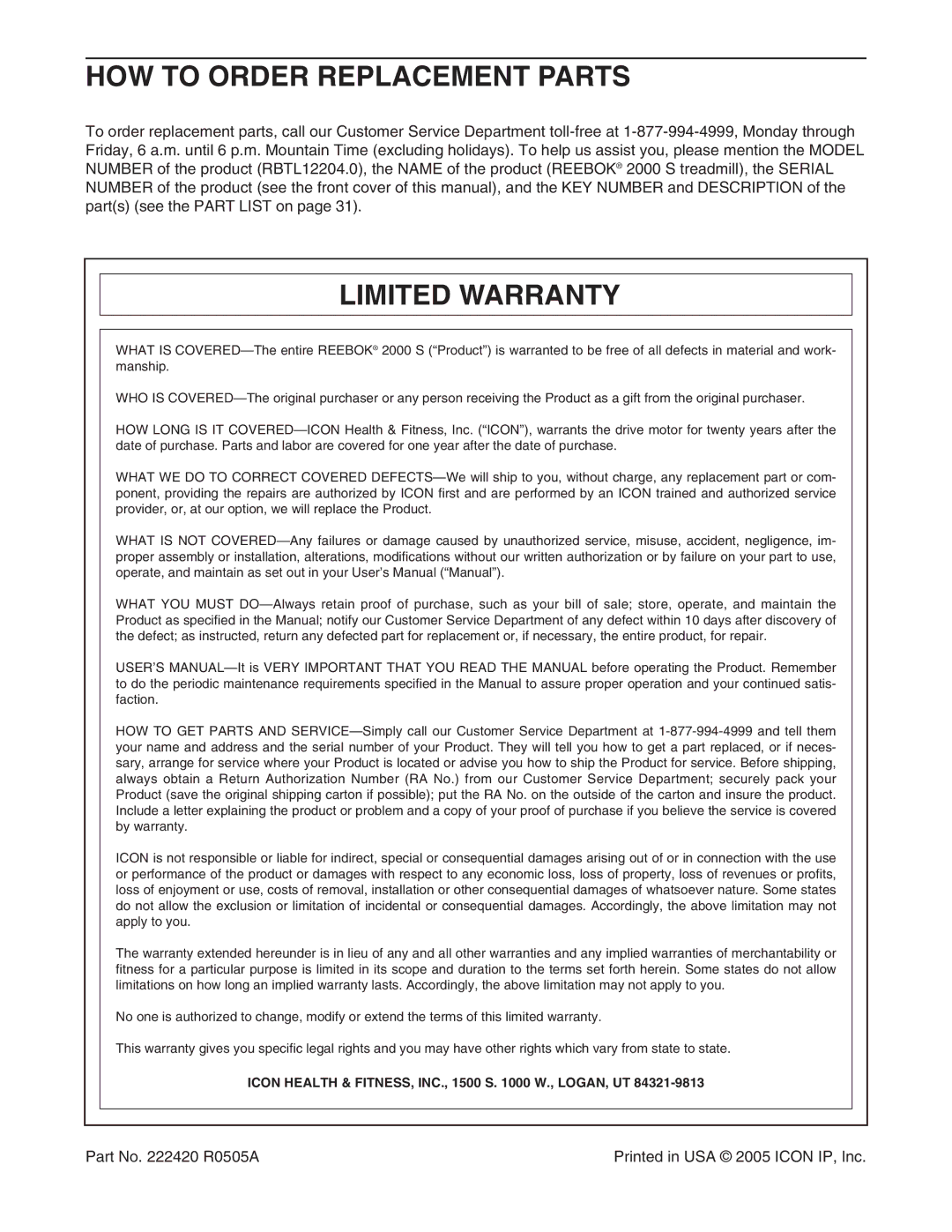 Reebok Fitness RBTL12204.0 manual HOW to Order Replacement Parts, Limited Warranty 