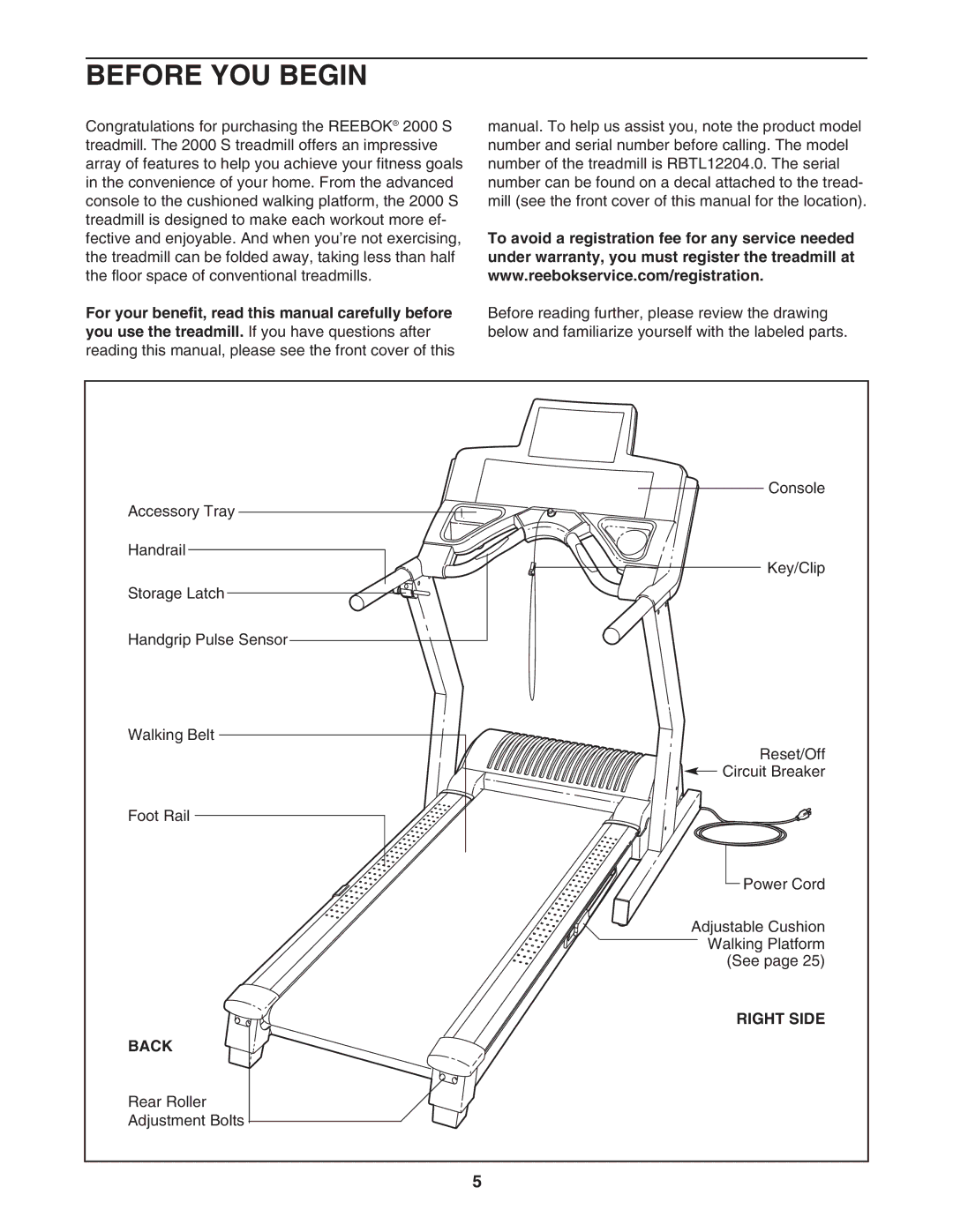 Reebok Fitness RBTL12204.0 manual Before YOU Begin, Right Side, Back 