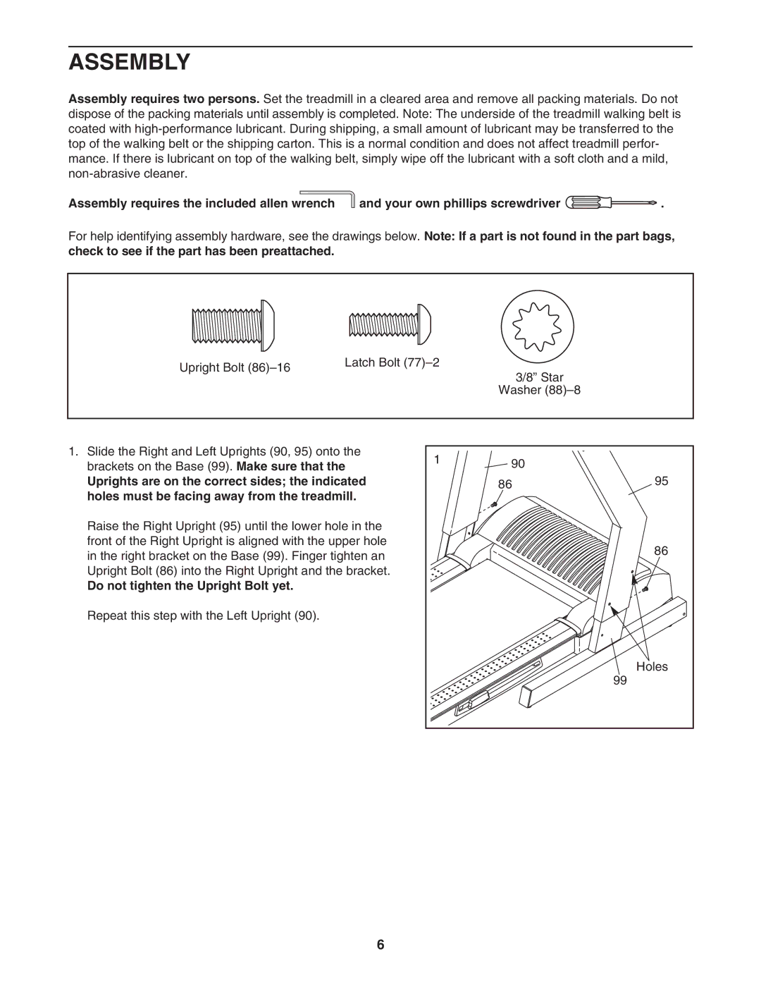 Reebok Fitness RBTL12204.0 manual Assembly, Do not tighten the Upright Bolt yet 