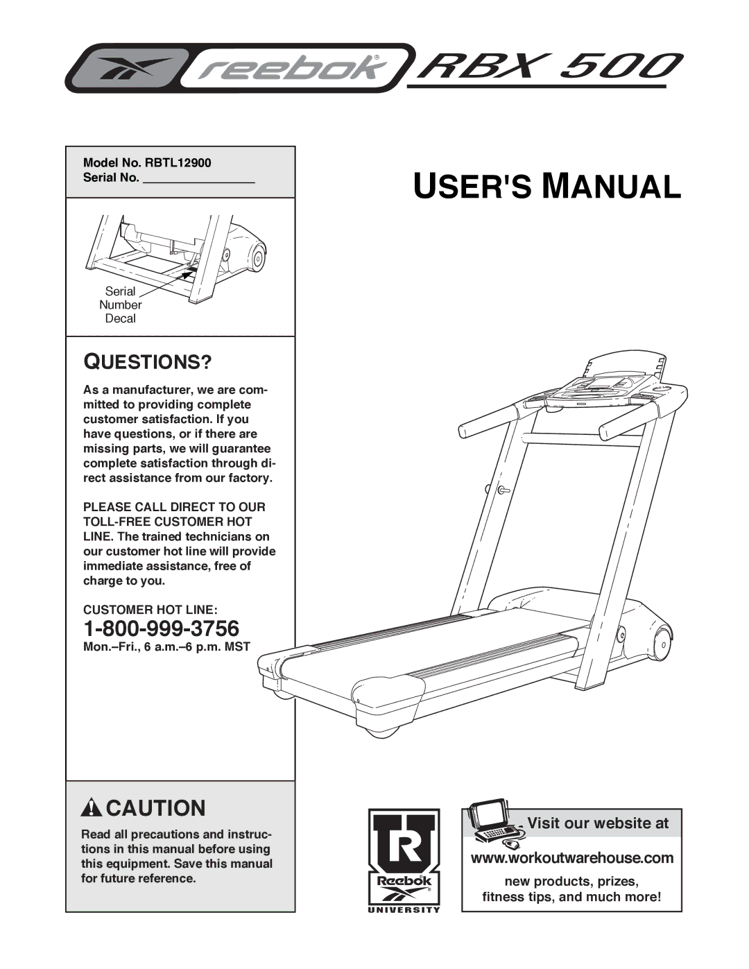 Reebok Fitness manual Model No. RBTL12900 Serial No, Customer HOT Line 