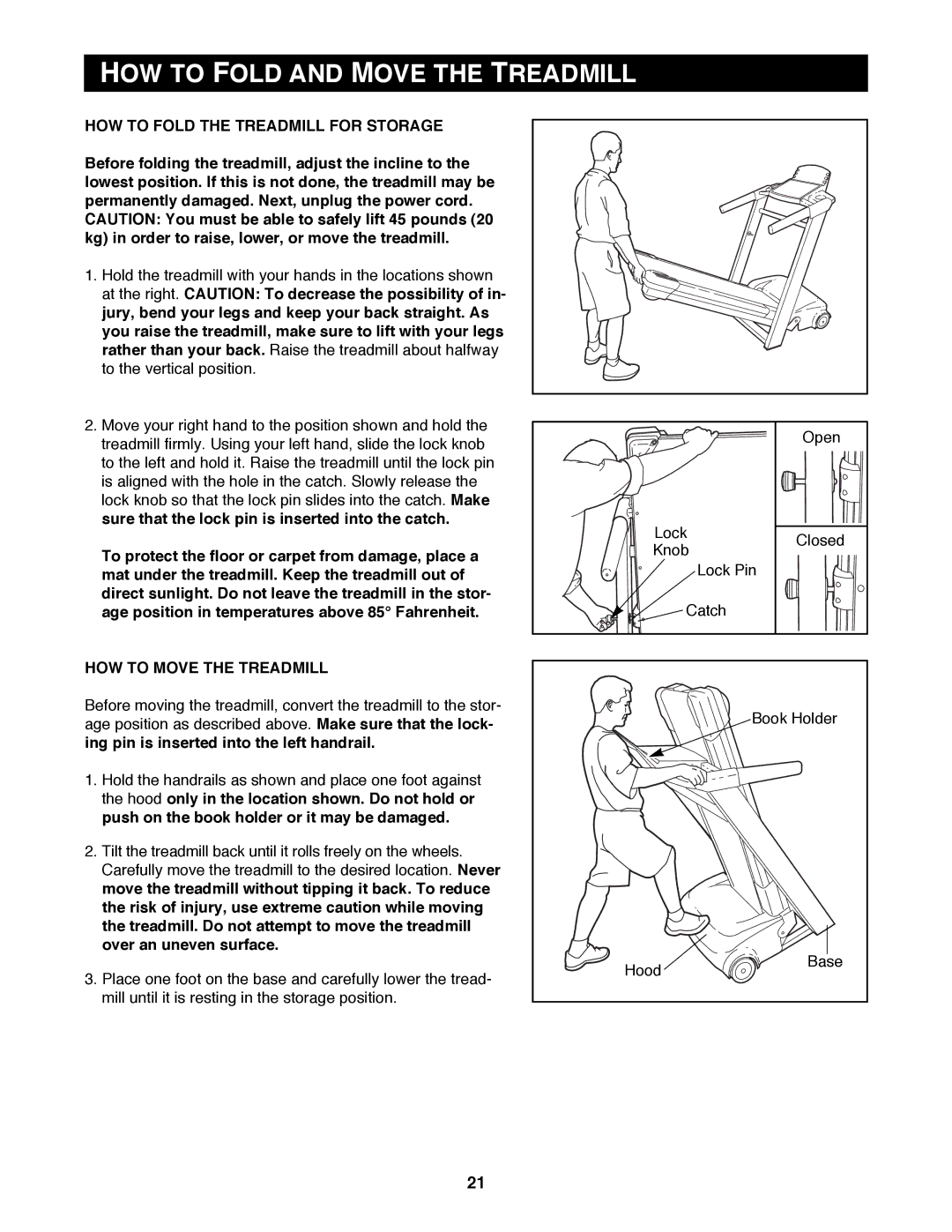 Reebok Fitness RBTL12900 manual HOW to Fold and Move the Treadmill, HOW to Fold the Treadmill for Storage 