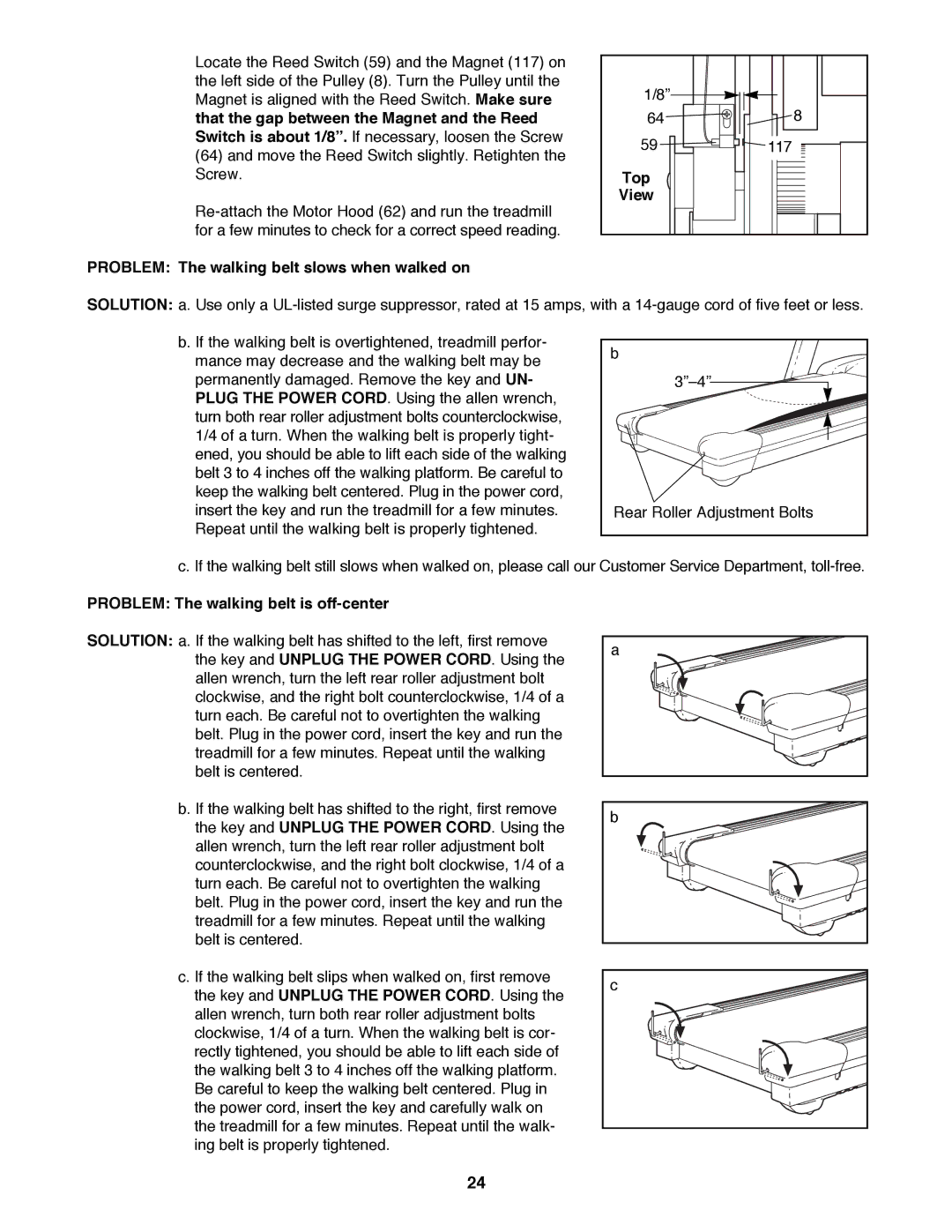 Reebok Fitness RBTL12900 manual Top, Problem The walking belt slows when walked on, Problem The walking belt is off-center 